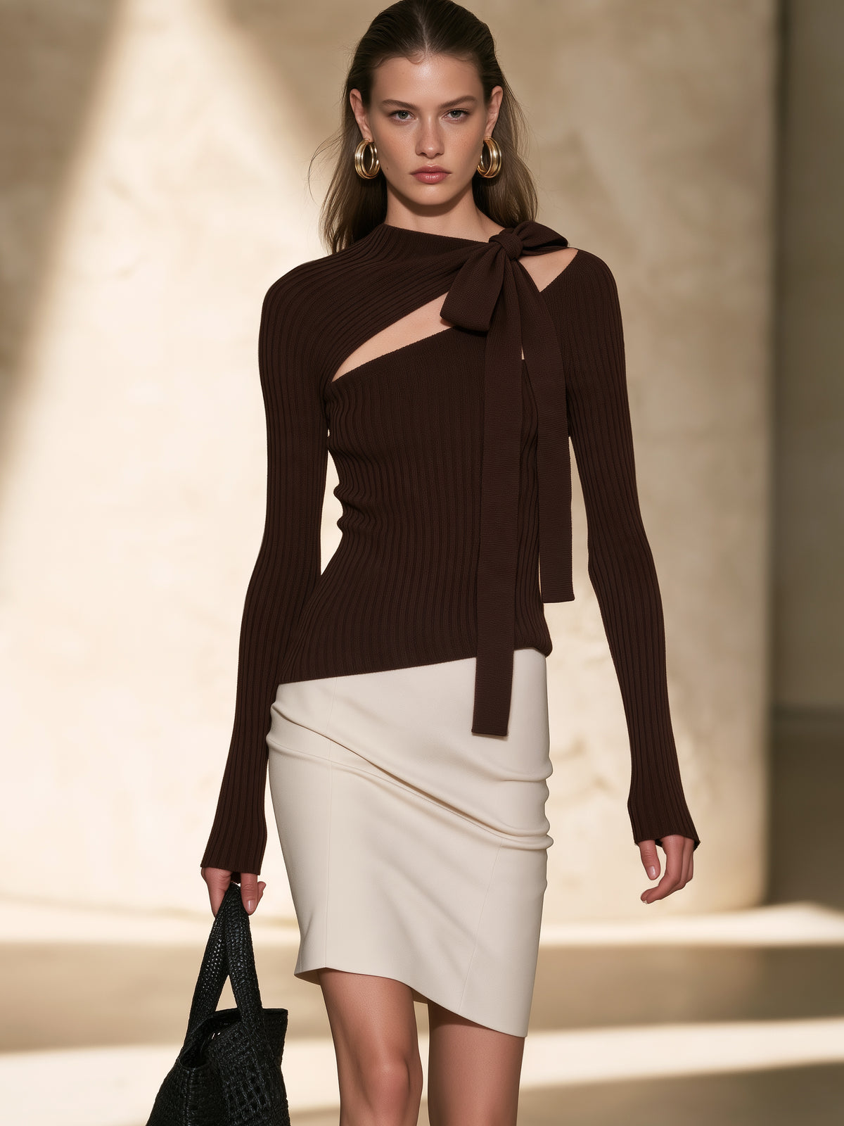 Brown Asymmetric Cutout & Bow Ribbed Knit Top Pullover