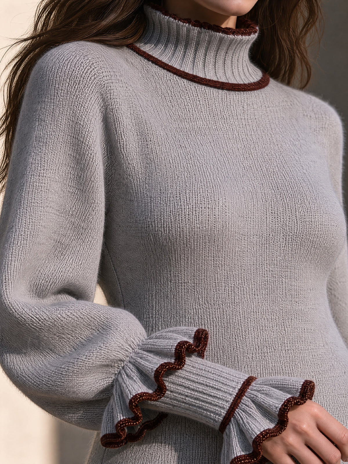Light Grey Ruffle Trim Mock Neck Knit Mini Dress