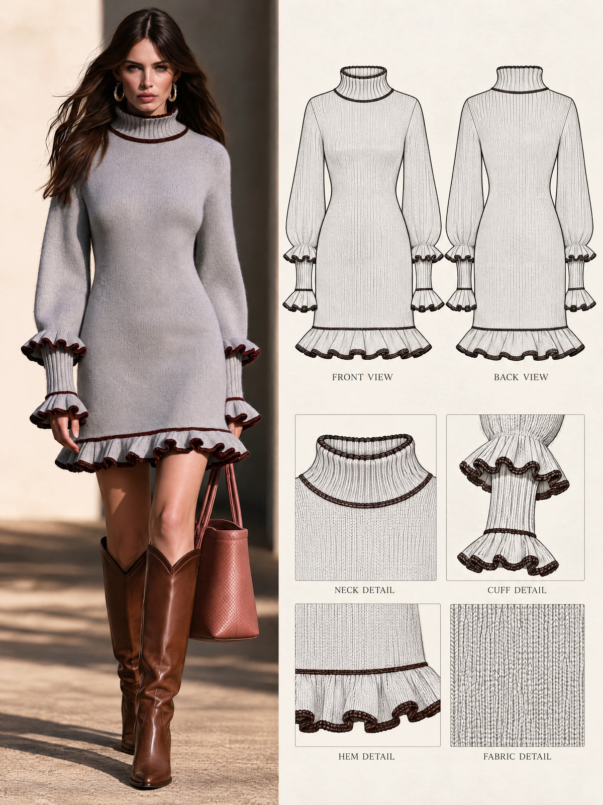 Light Grey Ruffle Trim Mock Neck Knit Mini Dress