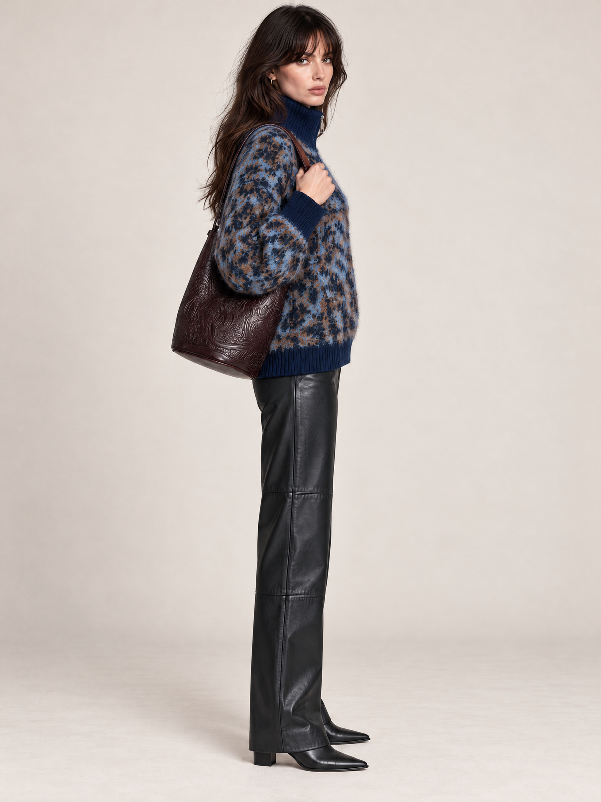 Navy Leopard Jacquard Half-Zip Sweater
