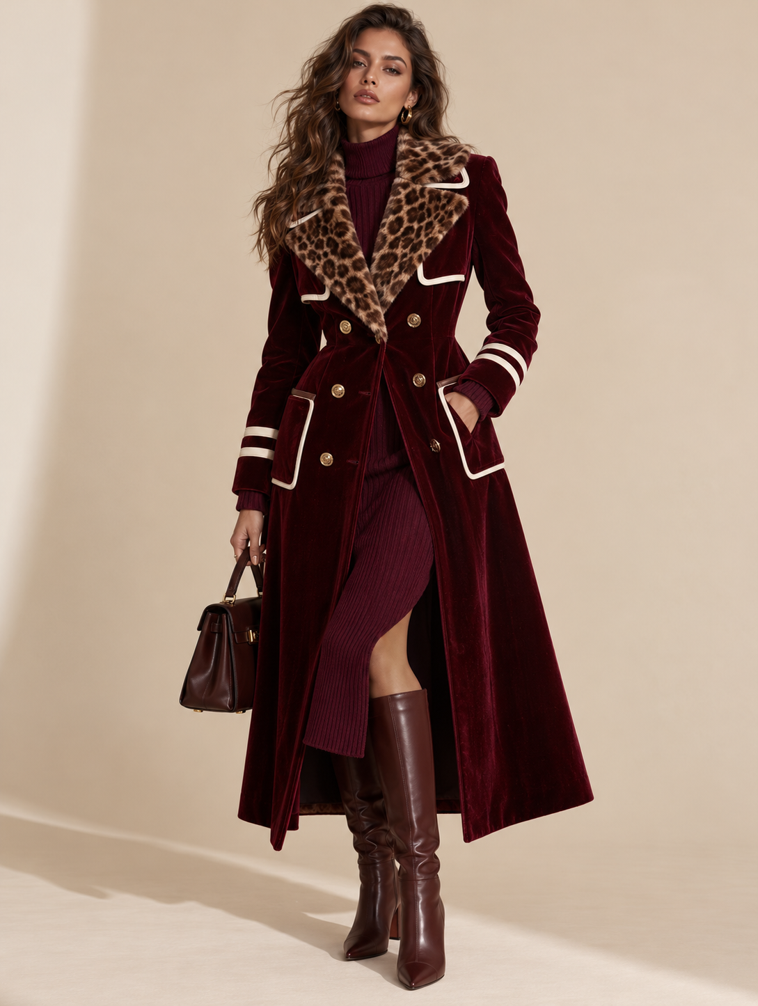Leopard Fur Collar Burgundy Velvet Coat