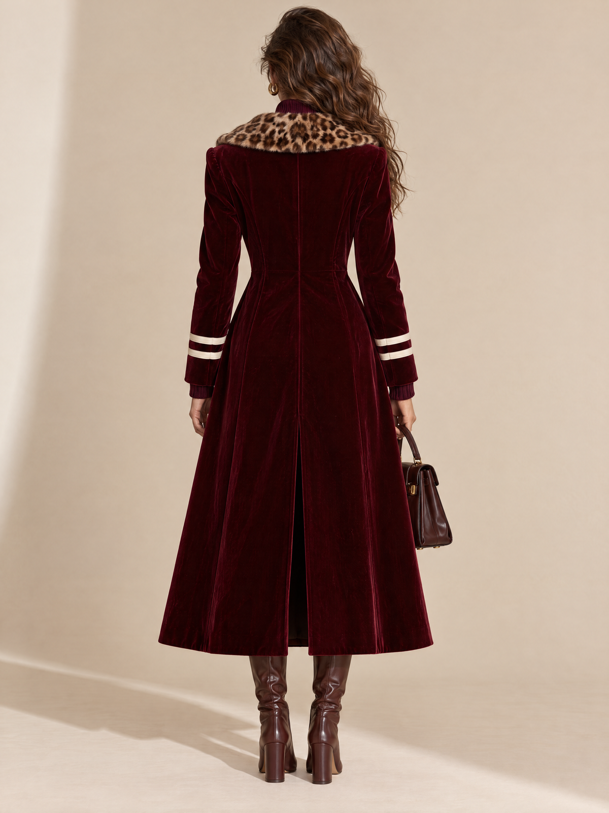 Leopard Fur Collar Burgundy Velvet Coat
