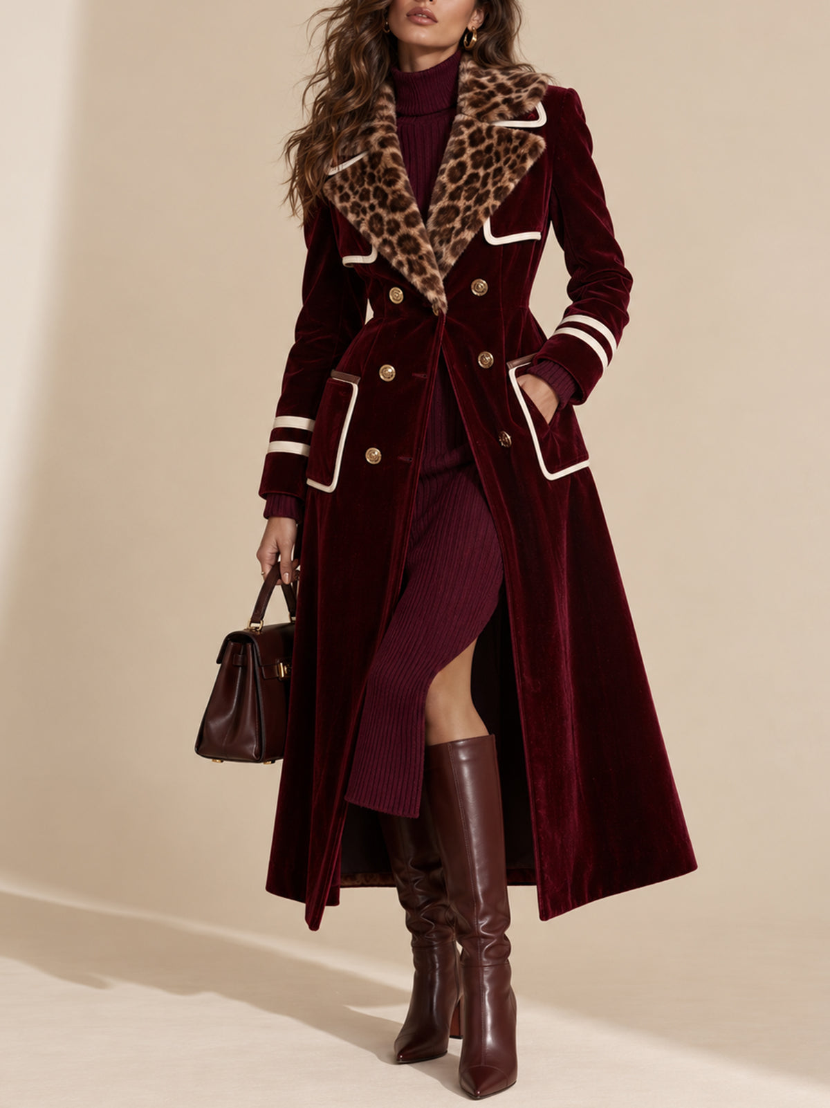 Leopard Fur Collar Burgundy Velvet Coat