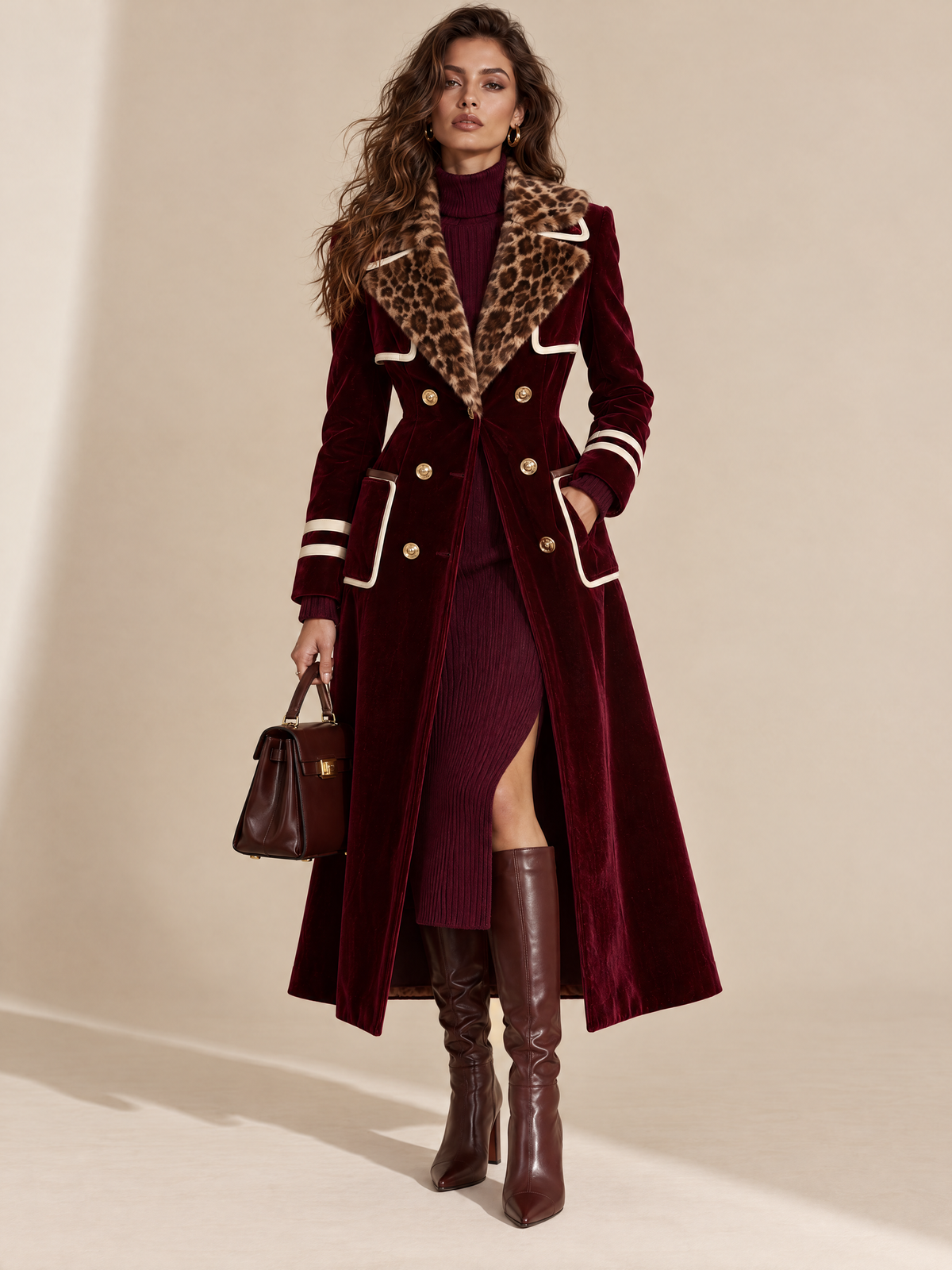 Leopard Fur Collar Burgundy Velvet Coat