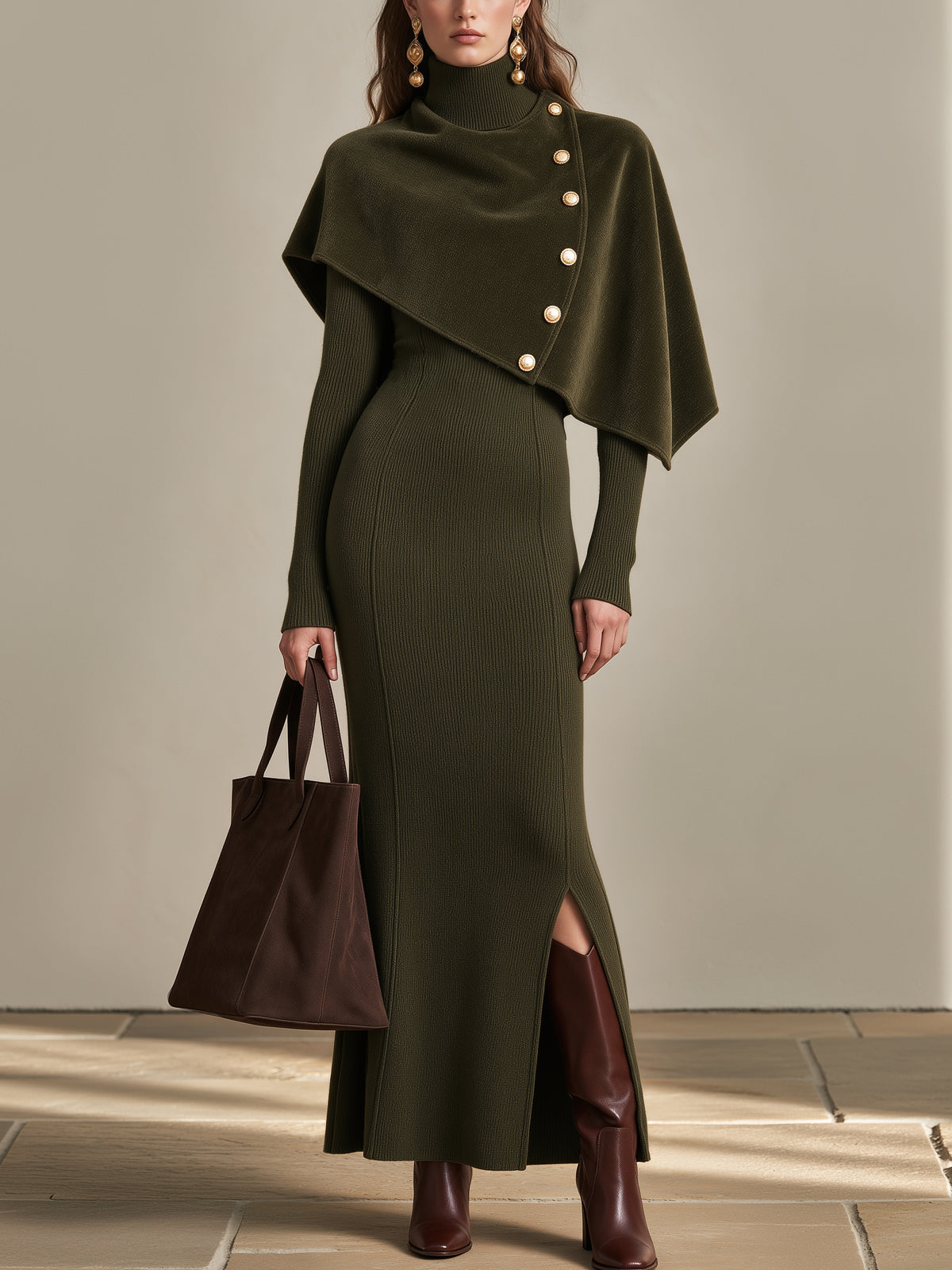 Olive Green Knit Turtleneck Maxi Dress & Suede Buttoned Cape