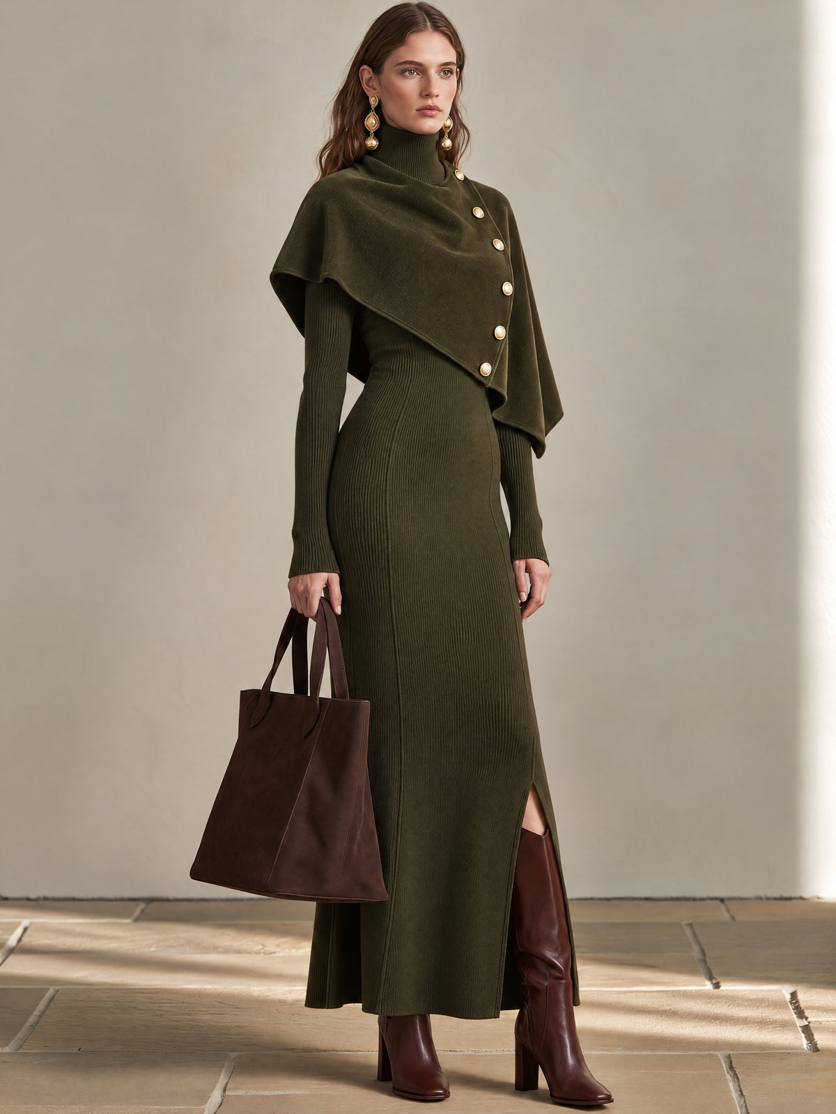 Olive Green Knit Turtleneck Maxi Dress & Suede Buttoned Cape