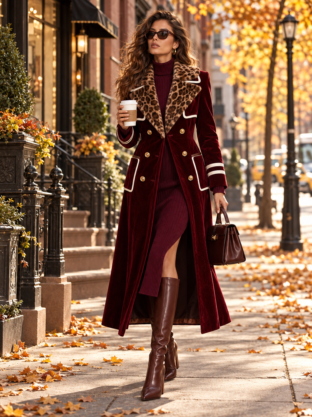 Leopard Fur Collar Burgundy Velvet Coat