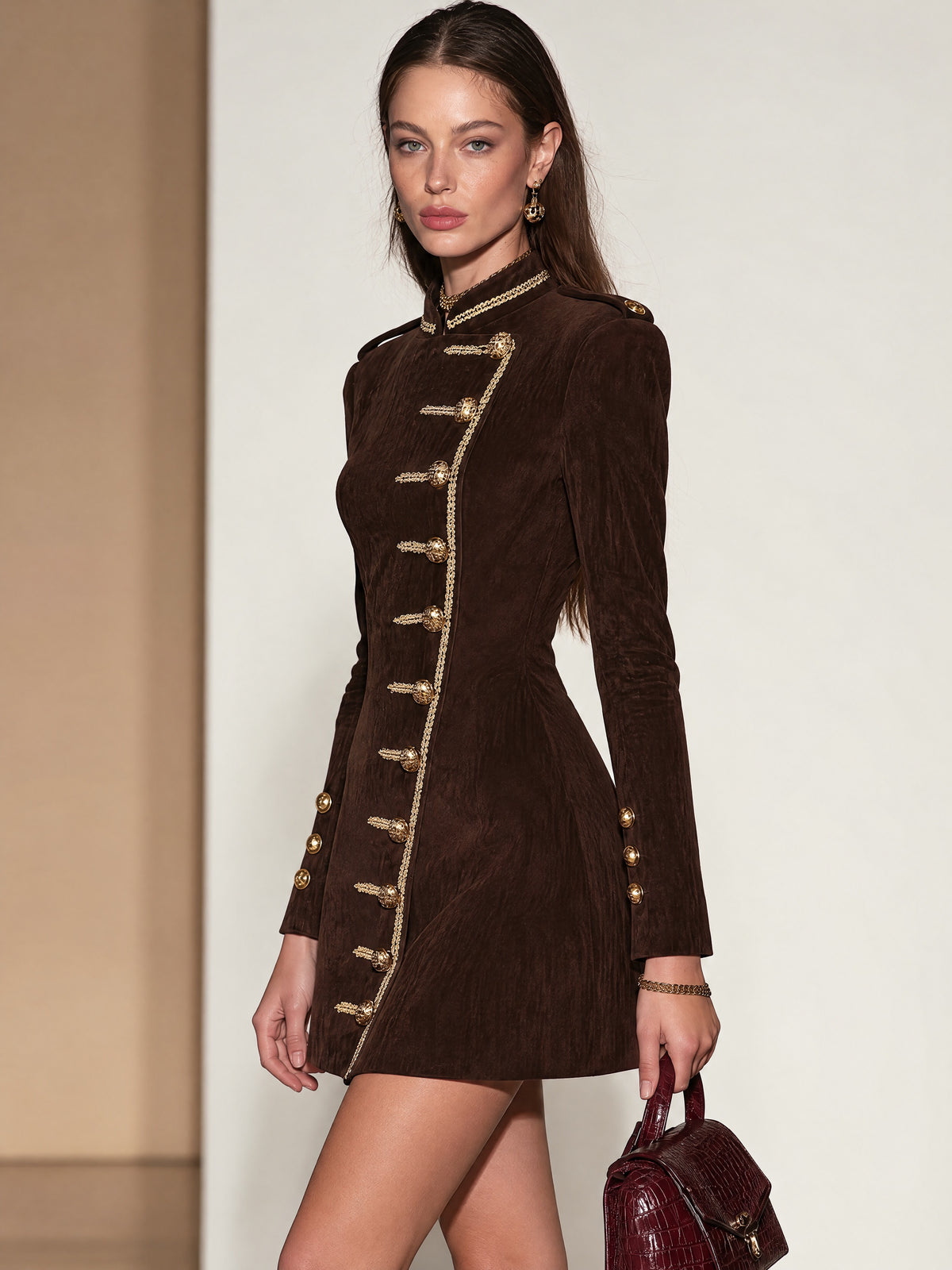 Brown Velvet Diagonal Button Mini Dress