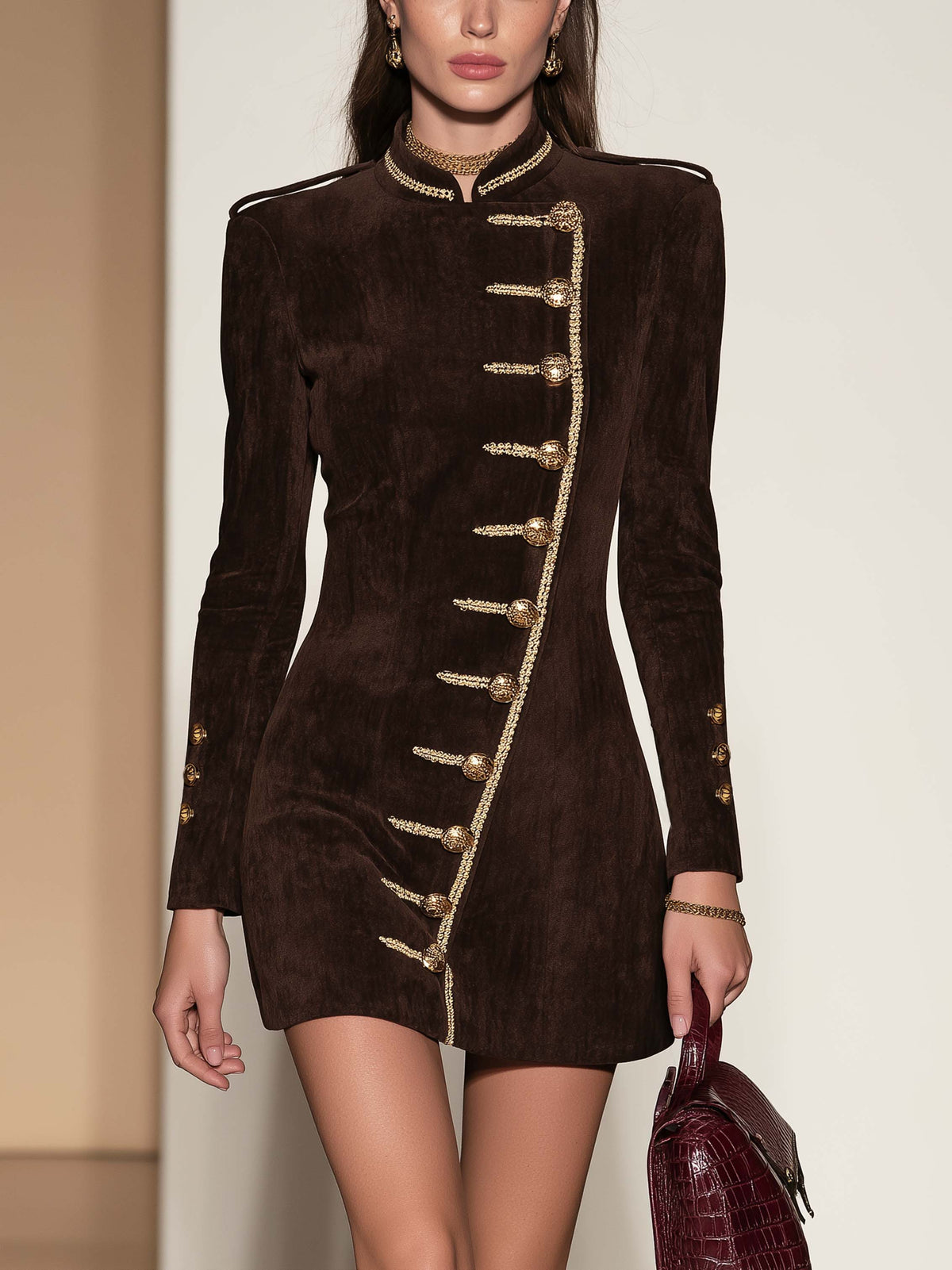 Brown Velvet Diagonal Button Mini Dress