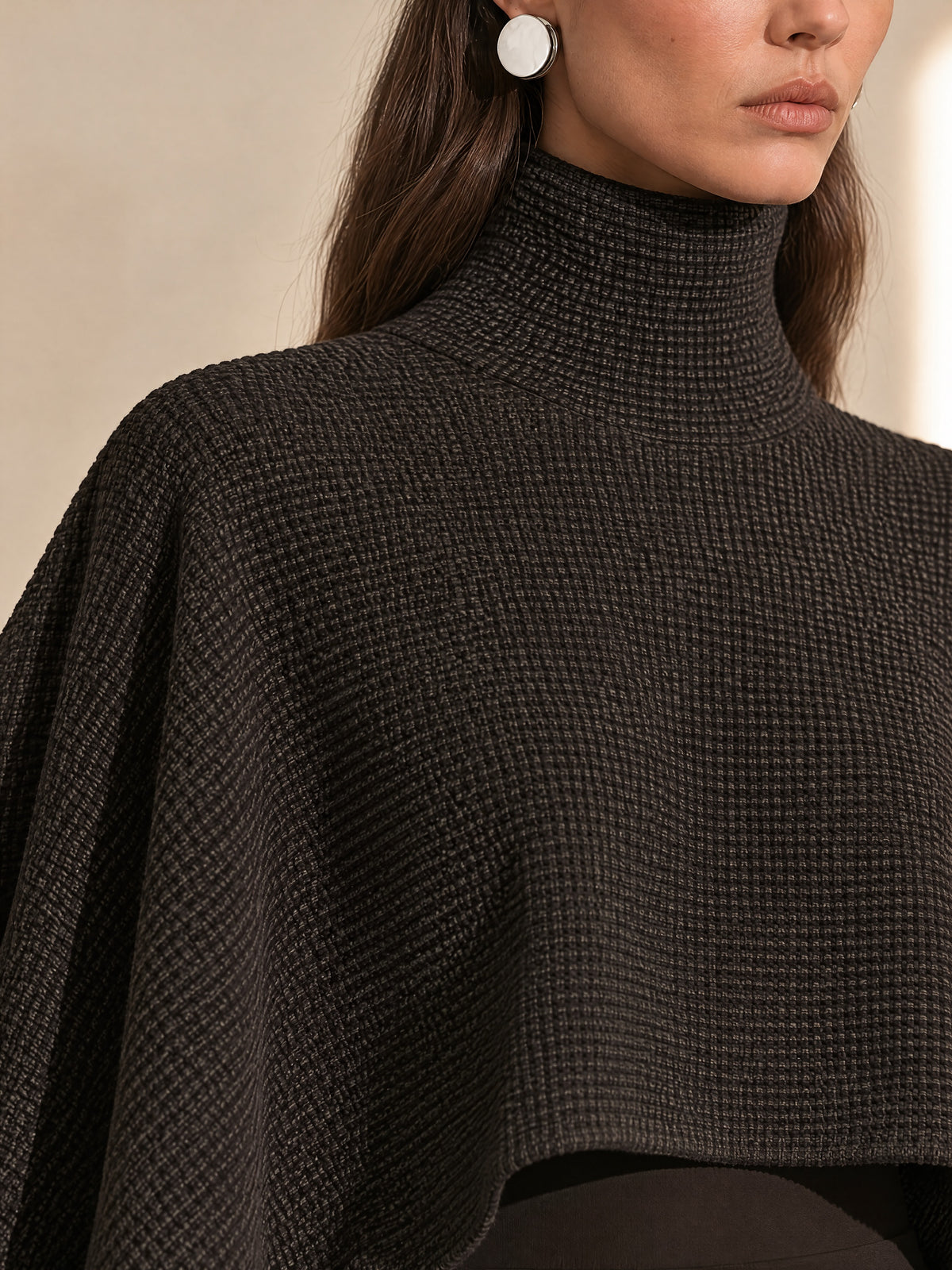 Turtleneck Waffle Knit Cropped Cape & Chiffon Maxi Dress Set