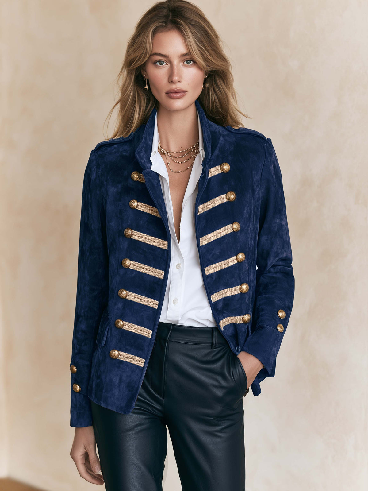 Stand Collar Faux Suede Gold Braid Double Breasted Jacket
