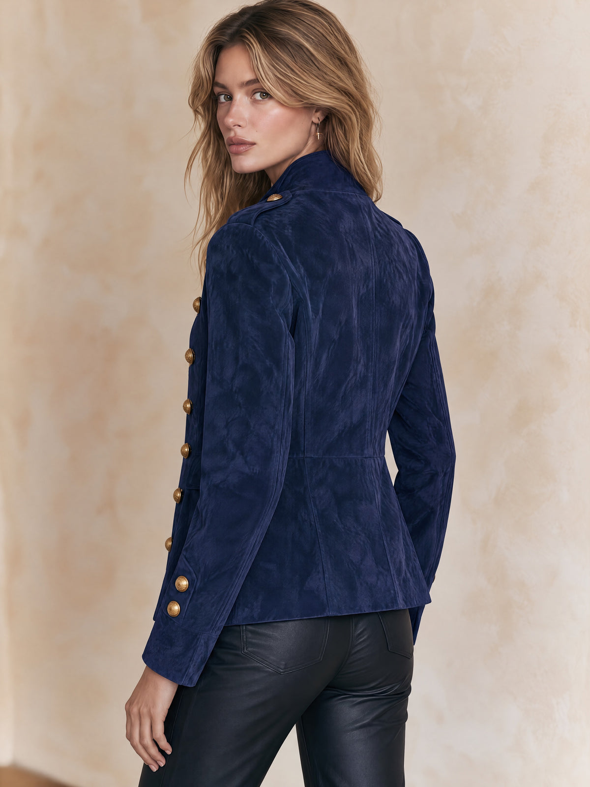 Stand Collar Faux Suede Gold Braid Double Breasted Jacket