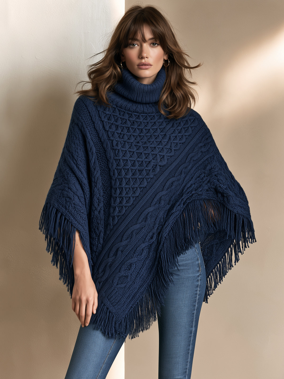 Navy Cable Knit Turtleneck Fringe Hem Poncho