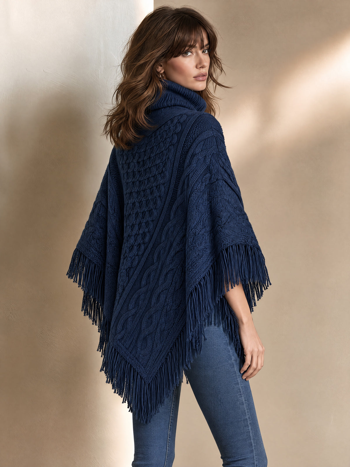 Navy Cable Knit Turtleneck Fringe Hem Poncho