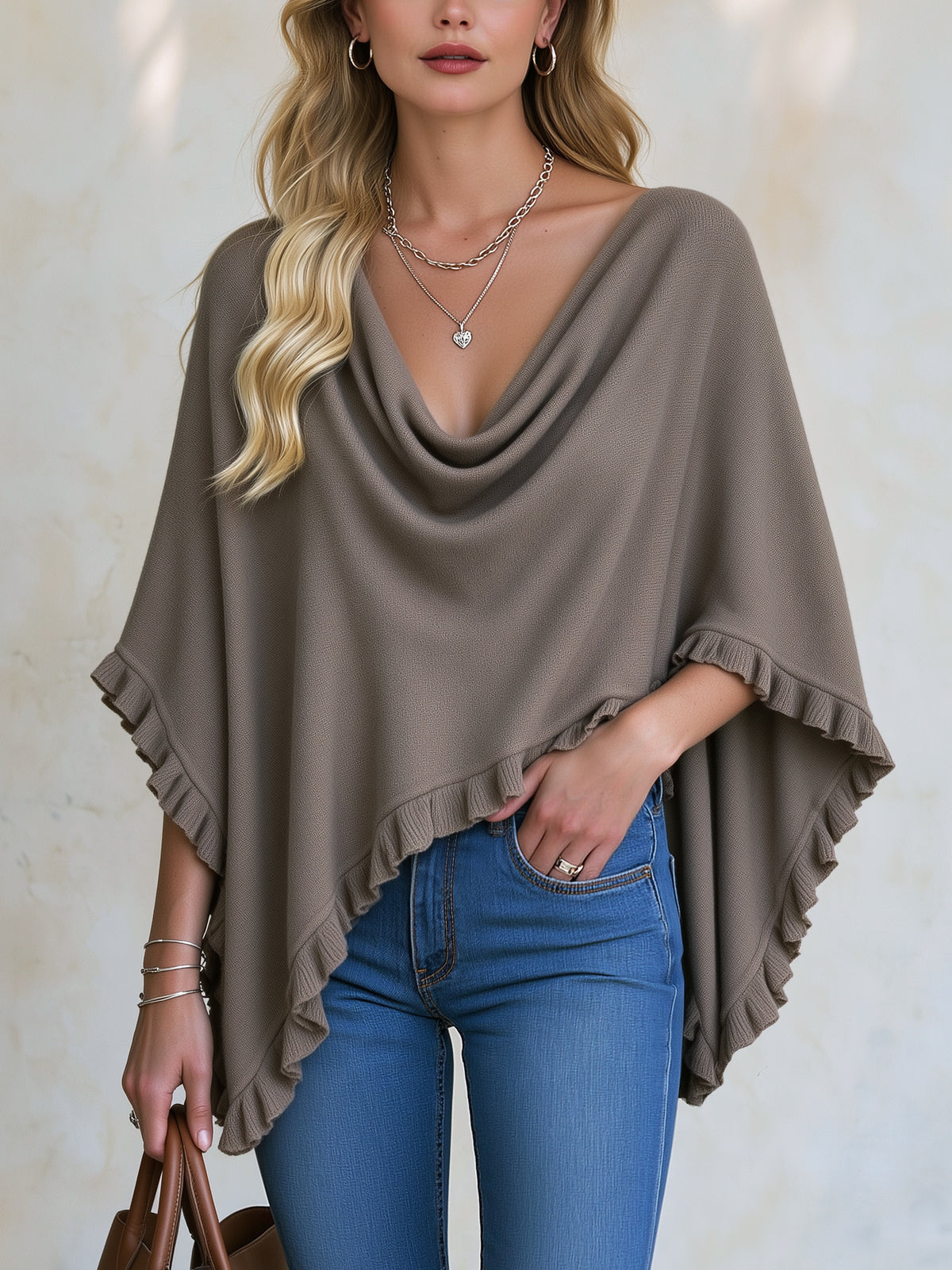 Taupe Cowl Neck Ruffle Hem Poncho Knit Top