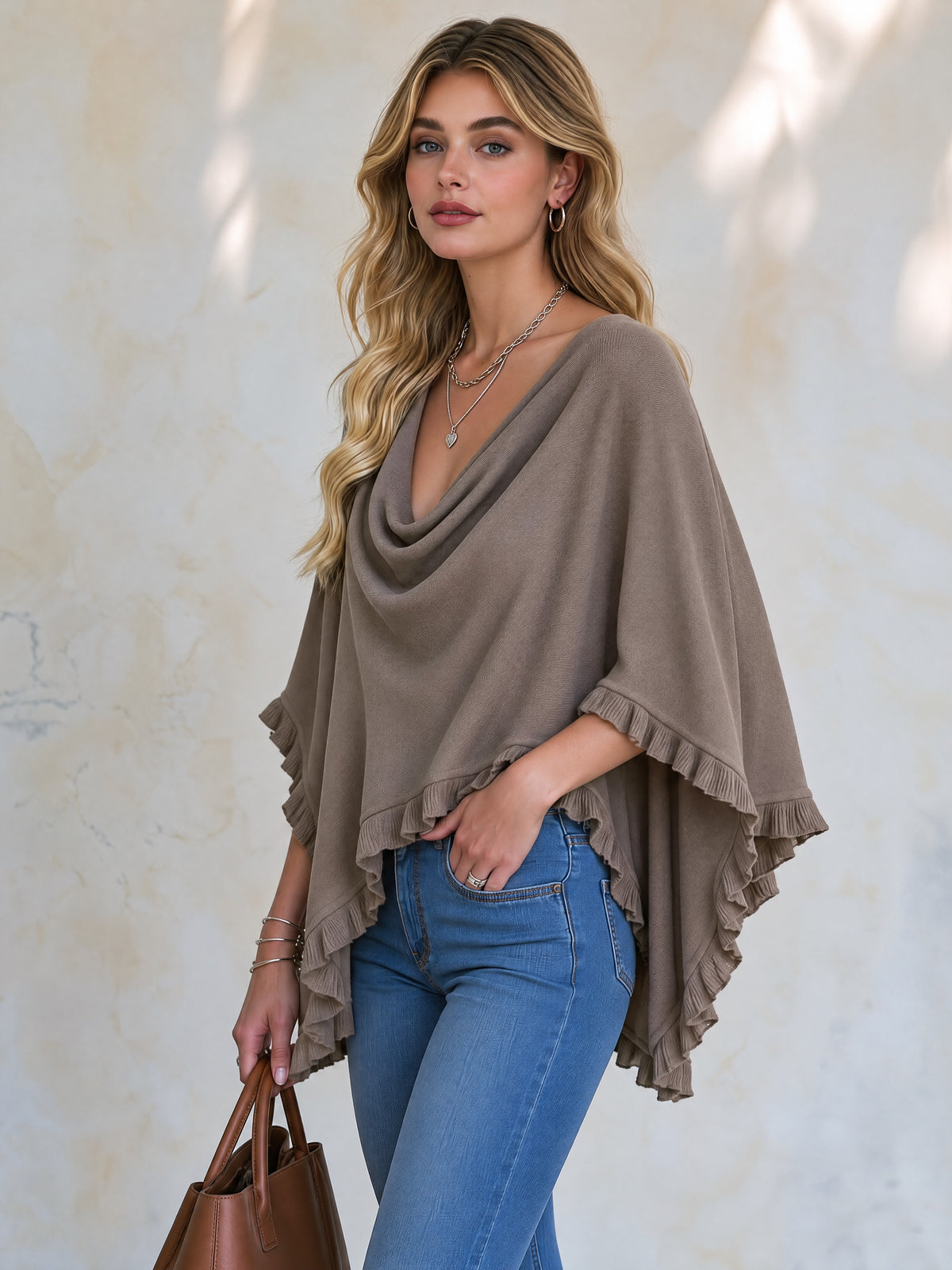 Taupe Cowl Neck Ruffle Hem Poncho Knit Top