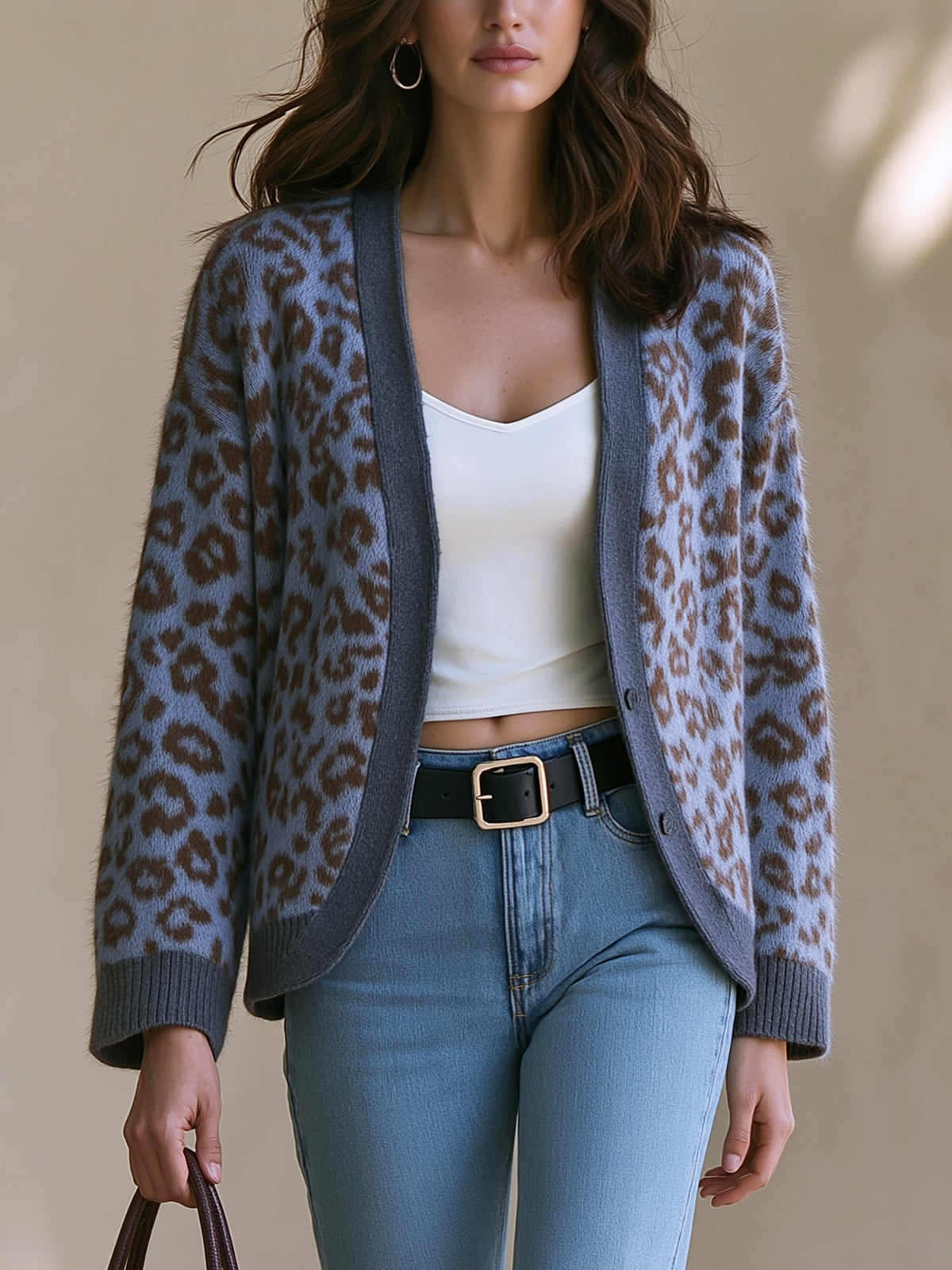Blue Leopard Knit Cardigan Sweater
