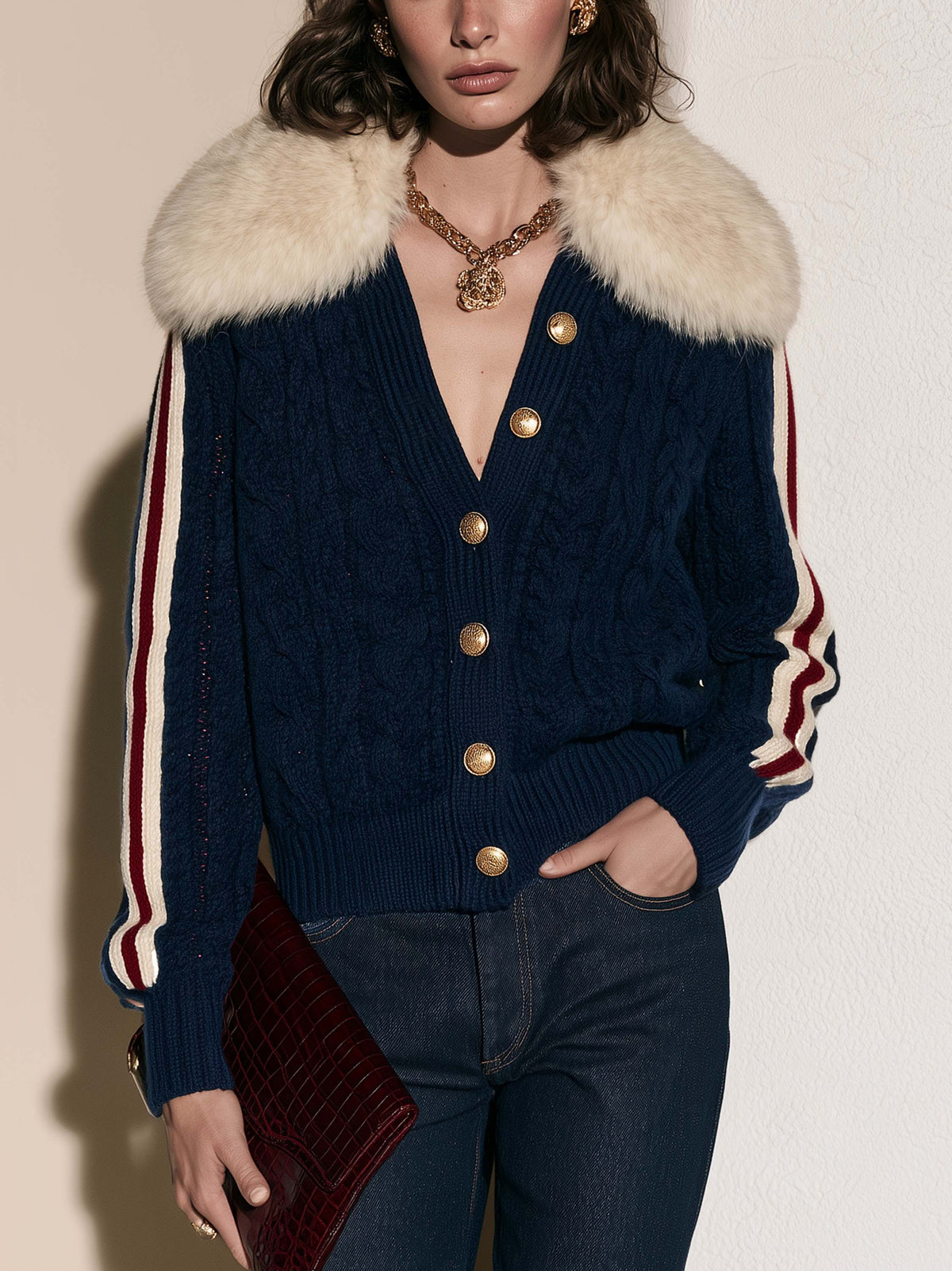 Navy Fuzzy Collar Cable Knit Cardigan