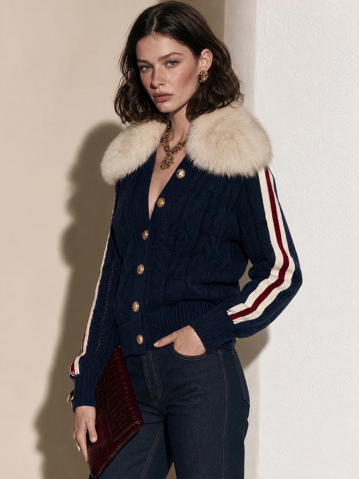 Navy Fuzzy Collar Cable Knit Cardigan