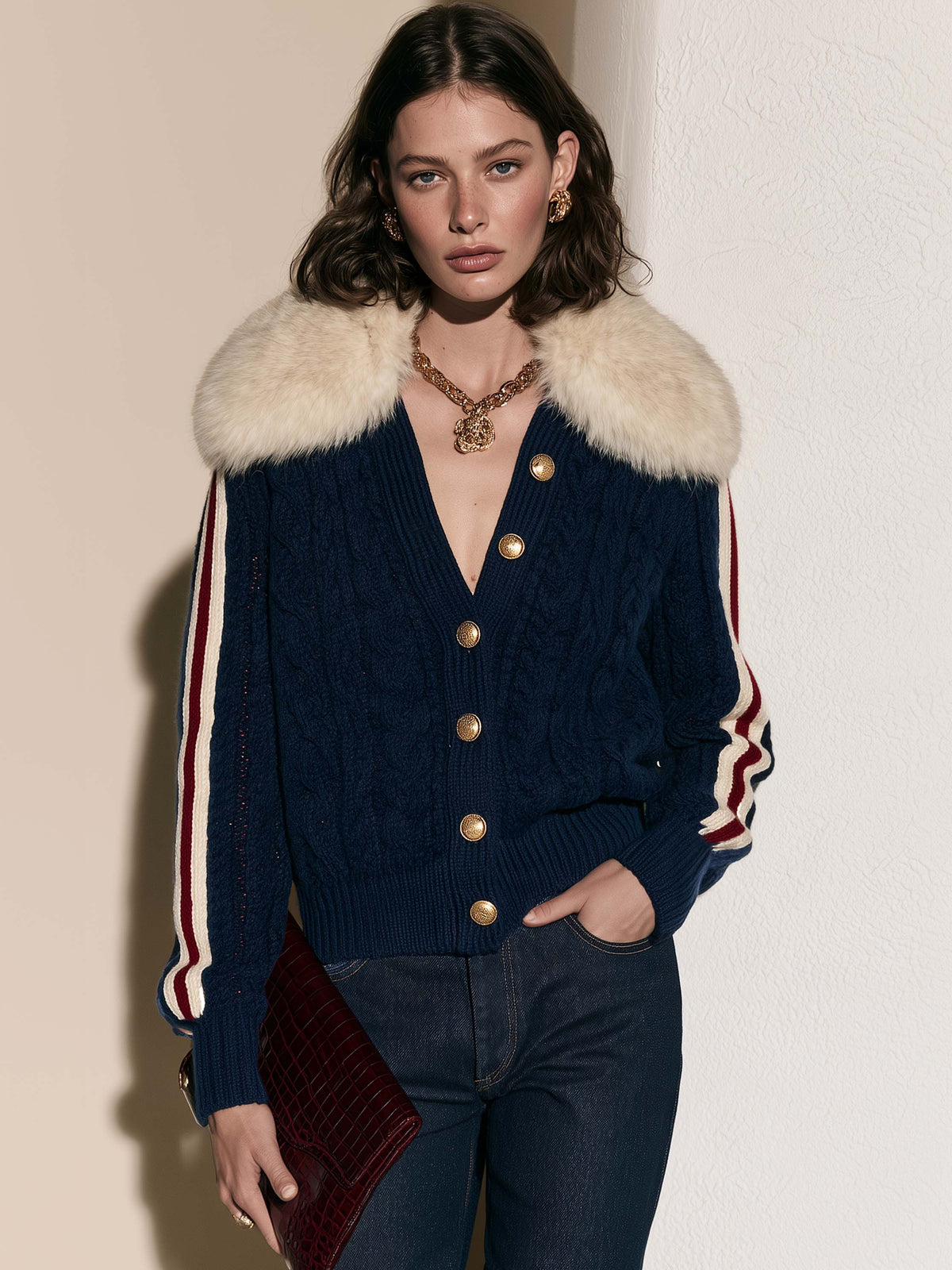 Navy Fuzzy Collar Cable Knit Cardigan
