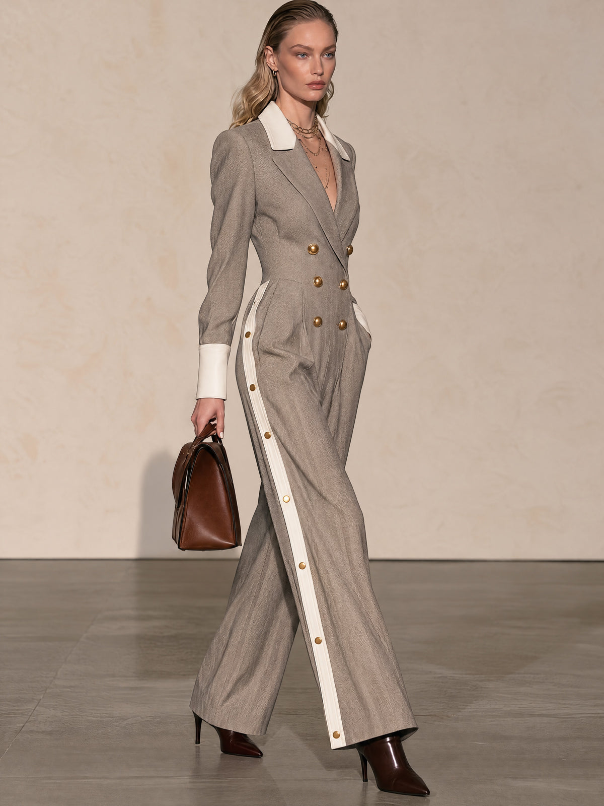 Grey White Collared Herringbone Jumpsuit