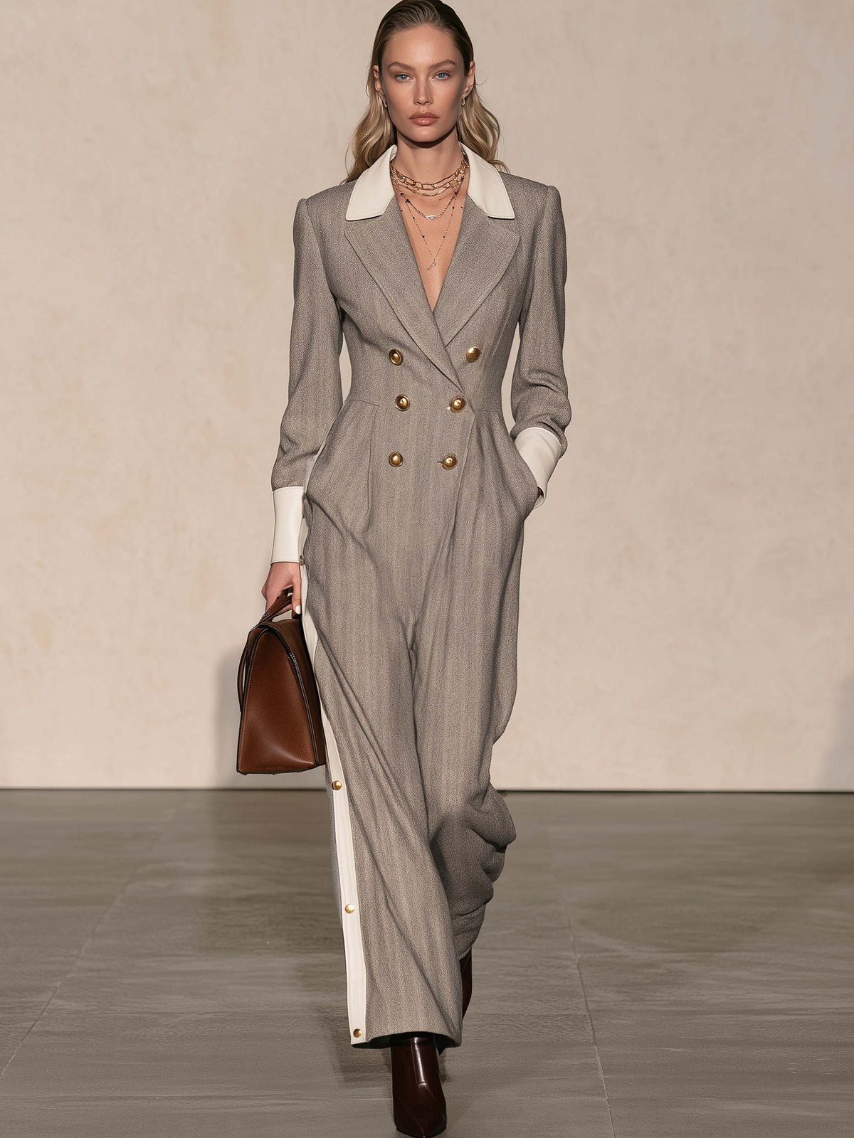 Grey White Collared Herringbone Jumpsuit