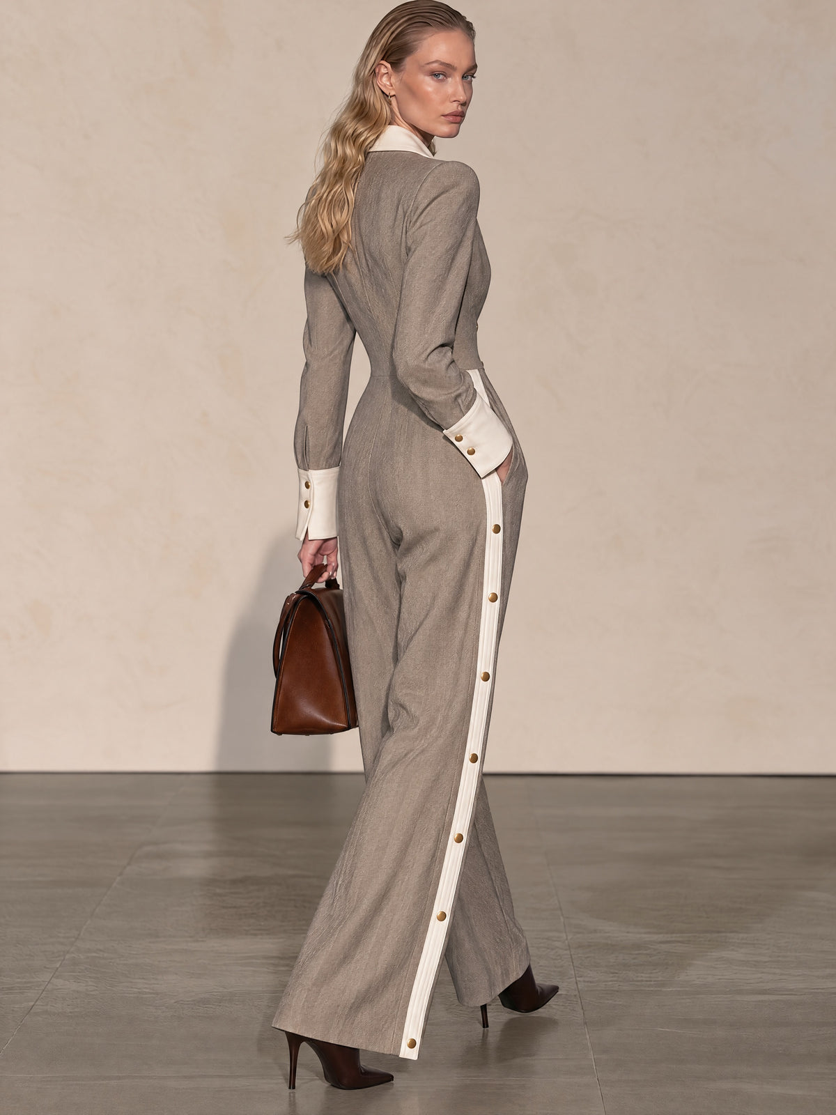 Grey White Collared Herringbone Jumpsuit
