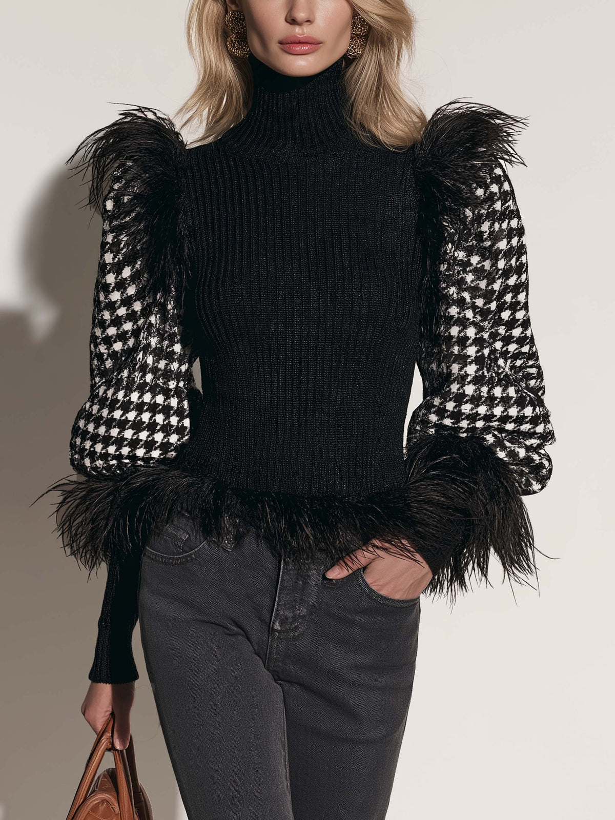 Black Houndstooth Sleeve Turtleneck Sweater