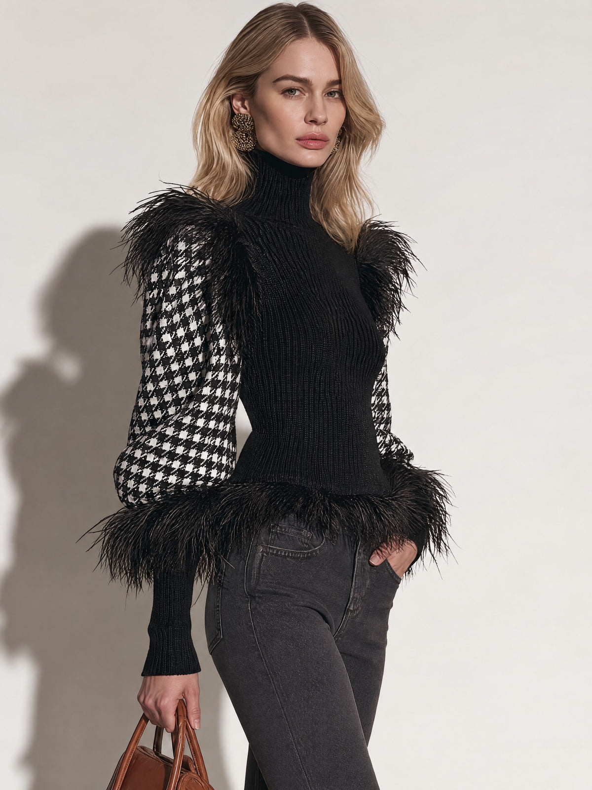 Black Houndstooth Sleeve Turtleneck Sweater