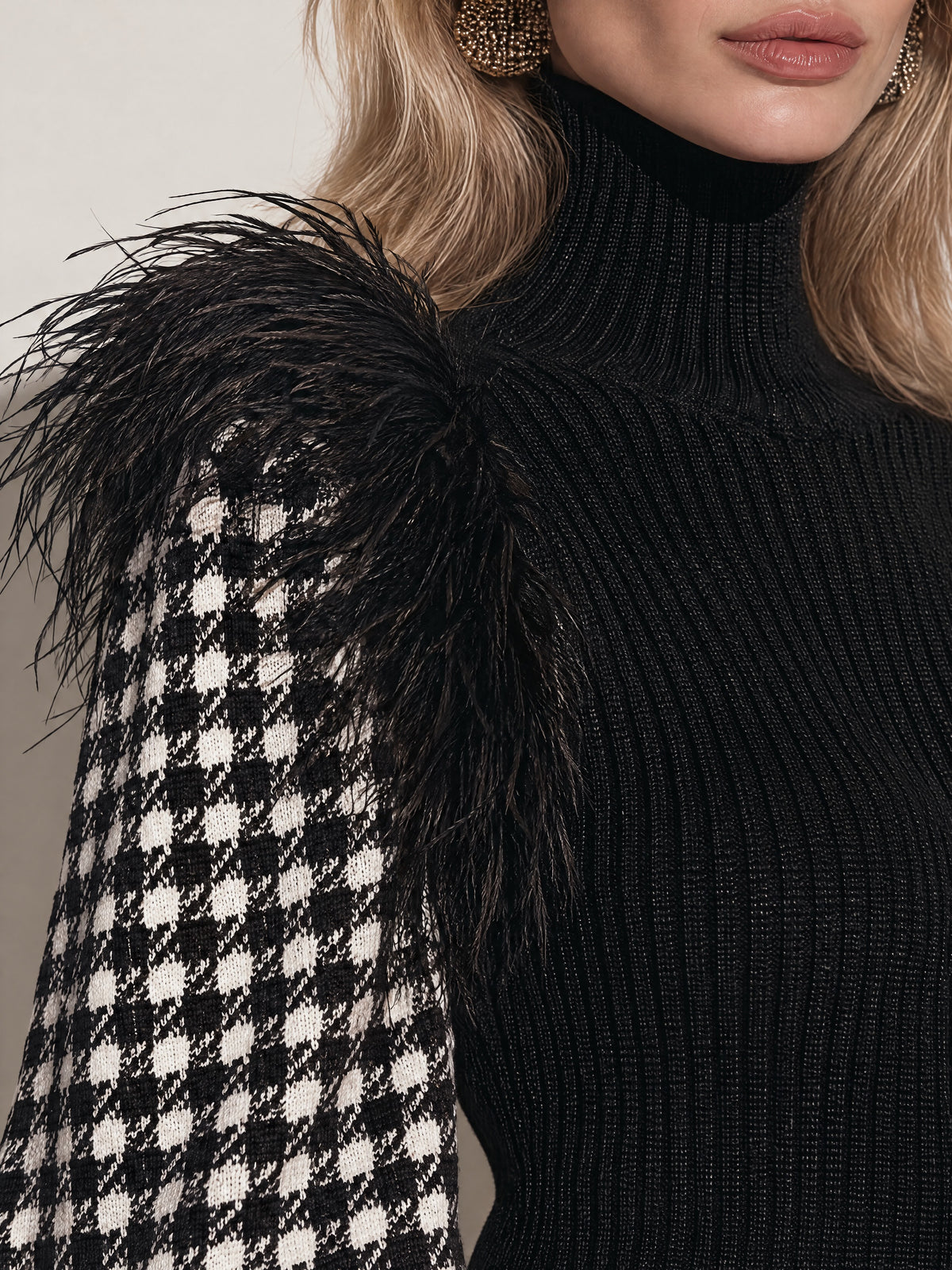 Black Houndstooth Sleeve Turtleneck Sweater