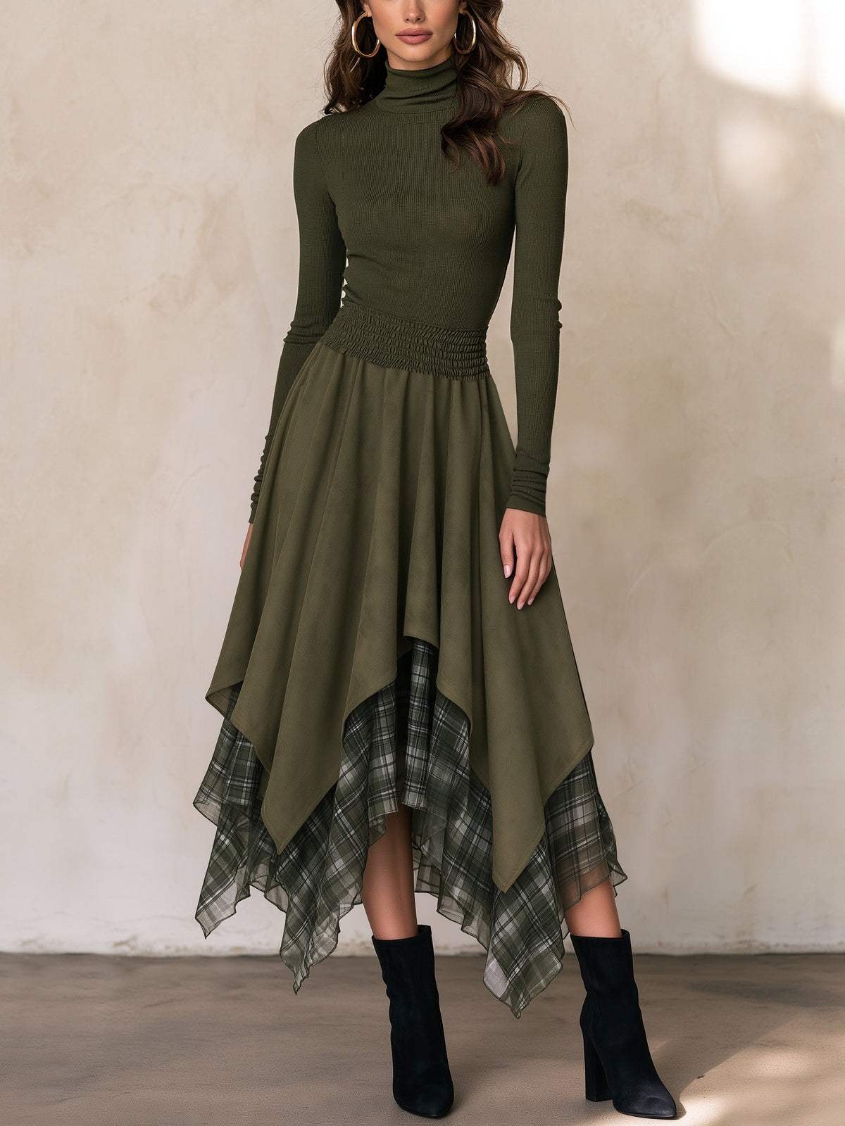 Olive Green Mock Neck Asymmetric Plaid Hem Midi Dress