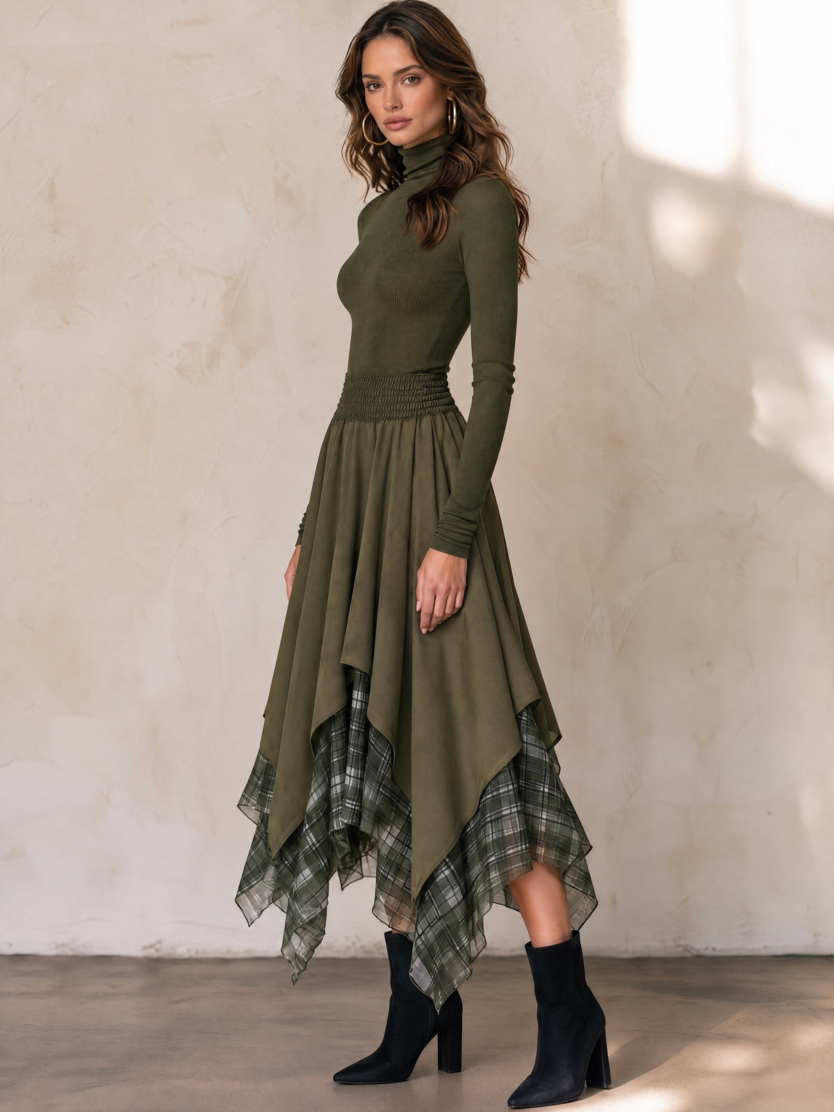 Olive Green Mock Neck Asymmetric Plaid Hem Midi Dress