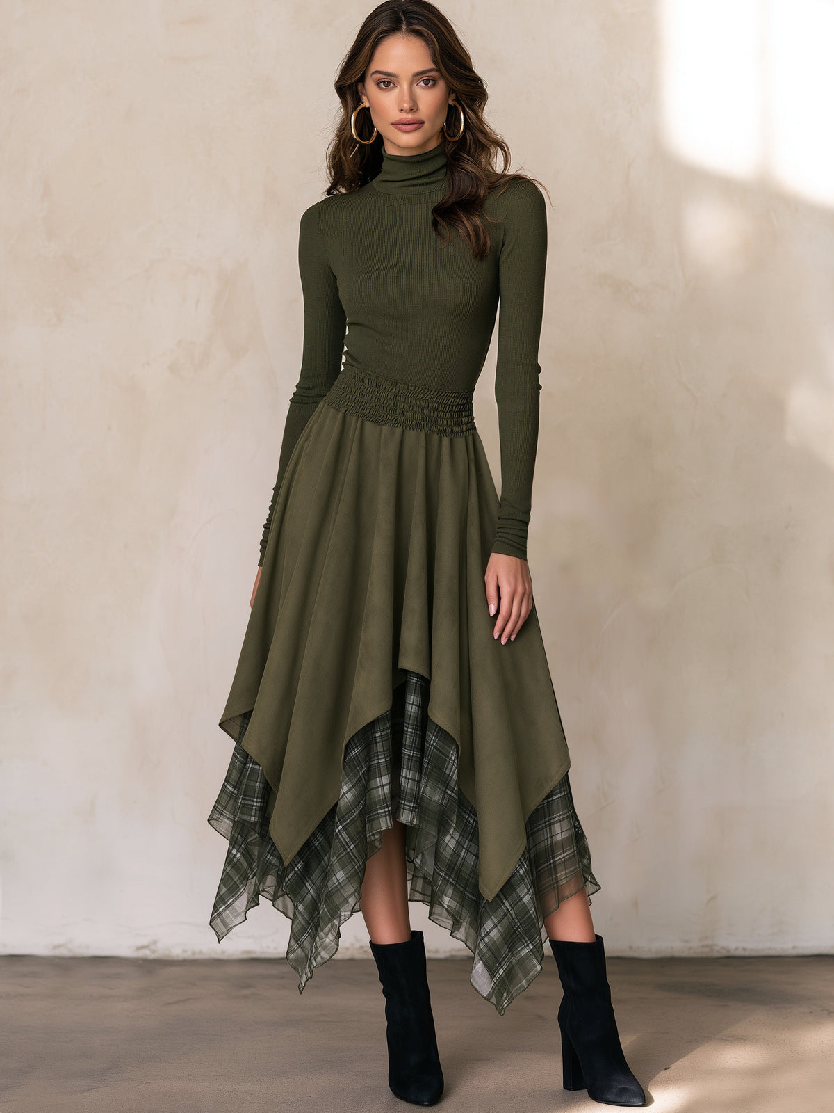 Olive Green Mock Neck Asymmetric Plaid Hem Midi Dress