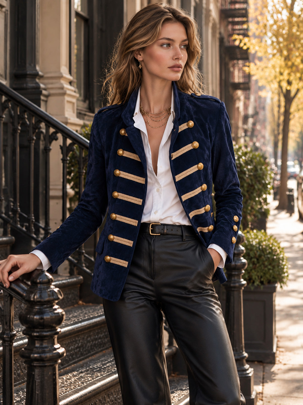 Stand Collar Faux Suede Gold Braid Double Breasted Jacket