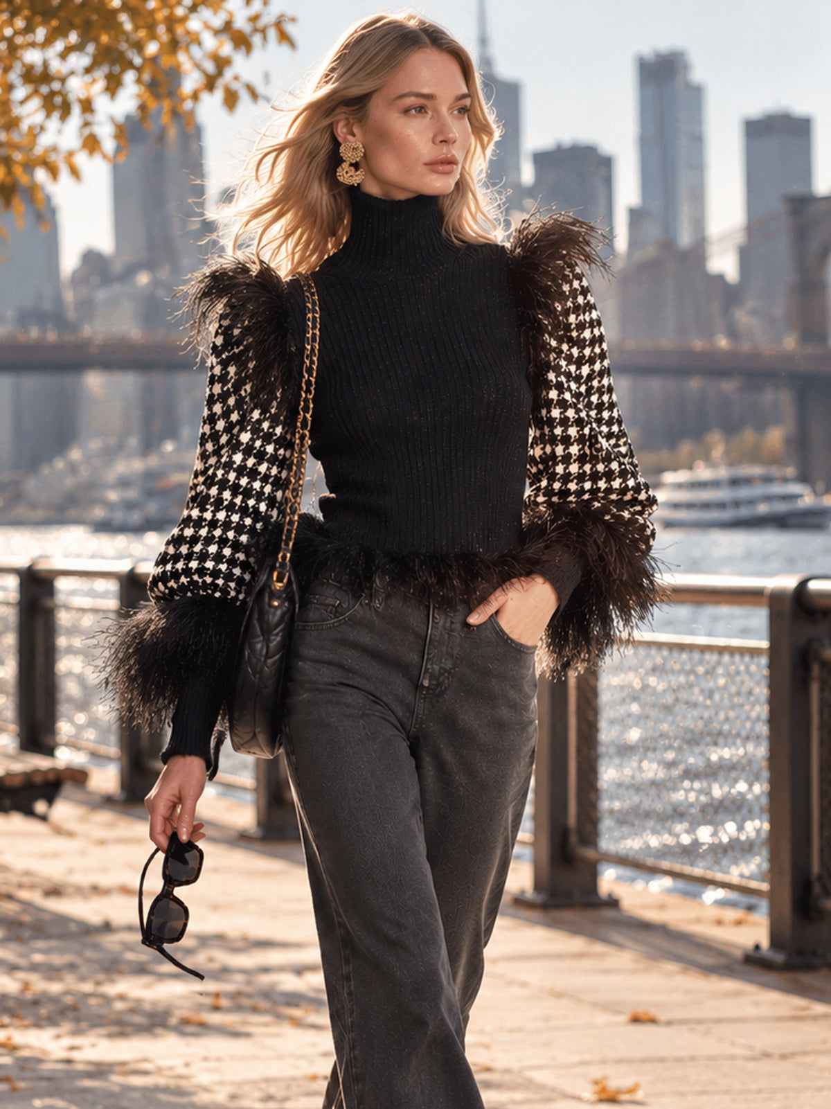 Black Houndstooth Sleeve Turtleneck Sweater