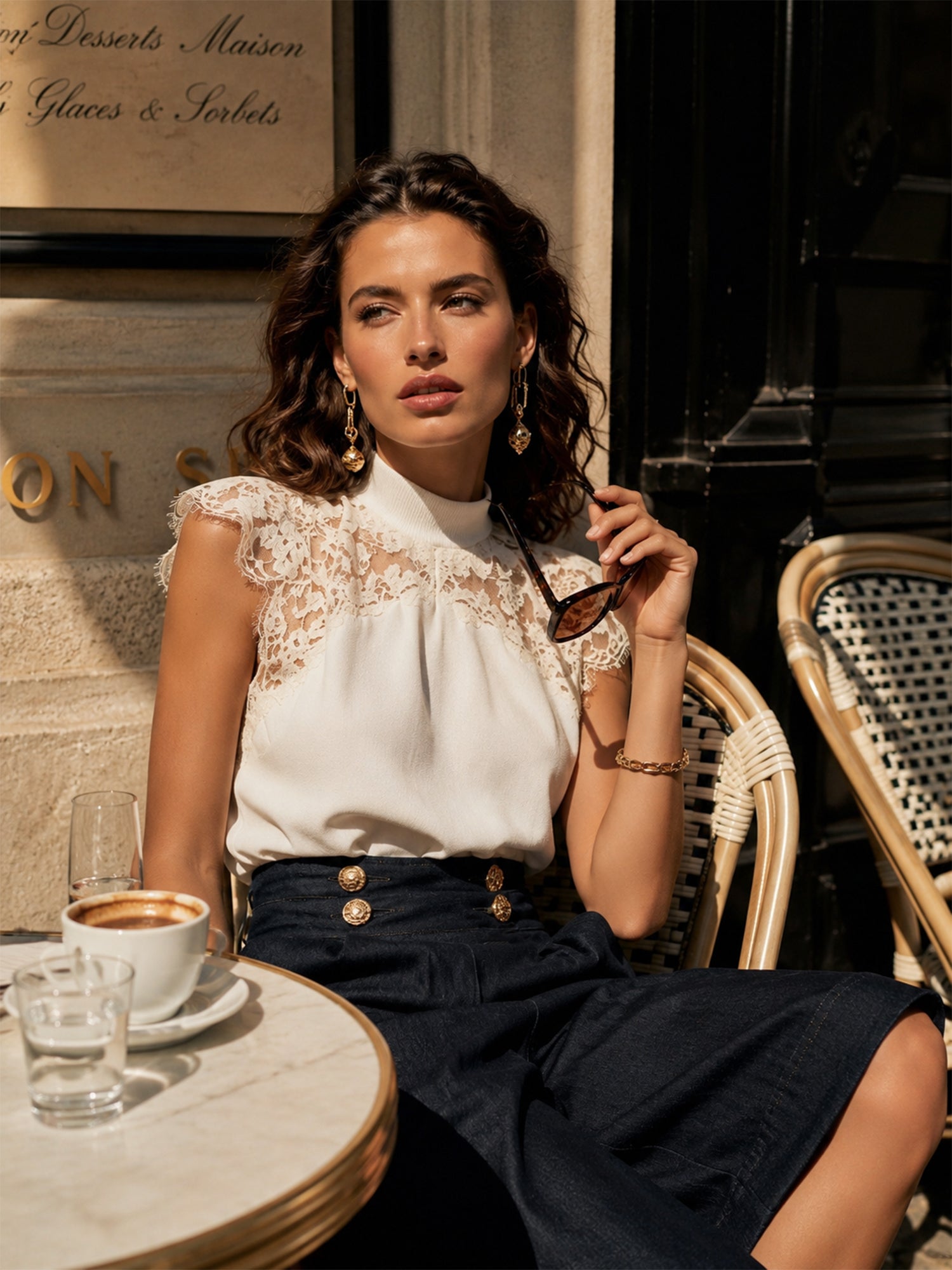 Liserie Lace-Paneled Sleeveless Top &Gold-Button Wide-Leg Cropped