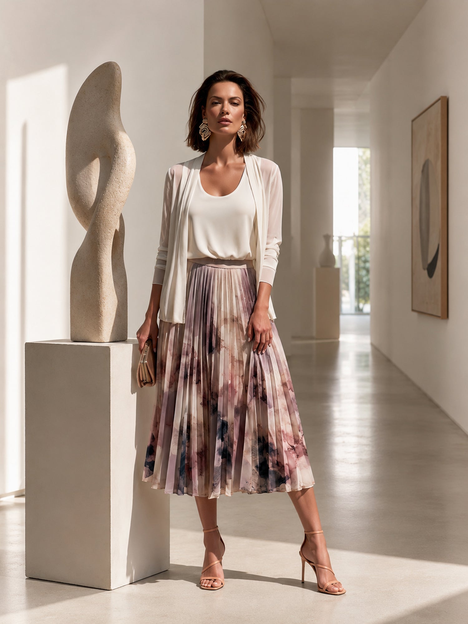 Three-Piece Set: Pleated Printed Skirt With An Oil-Painting Aesthetic