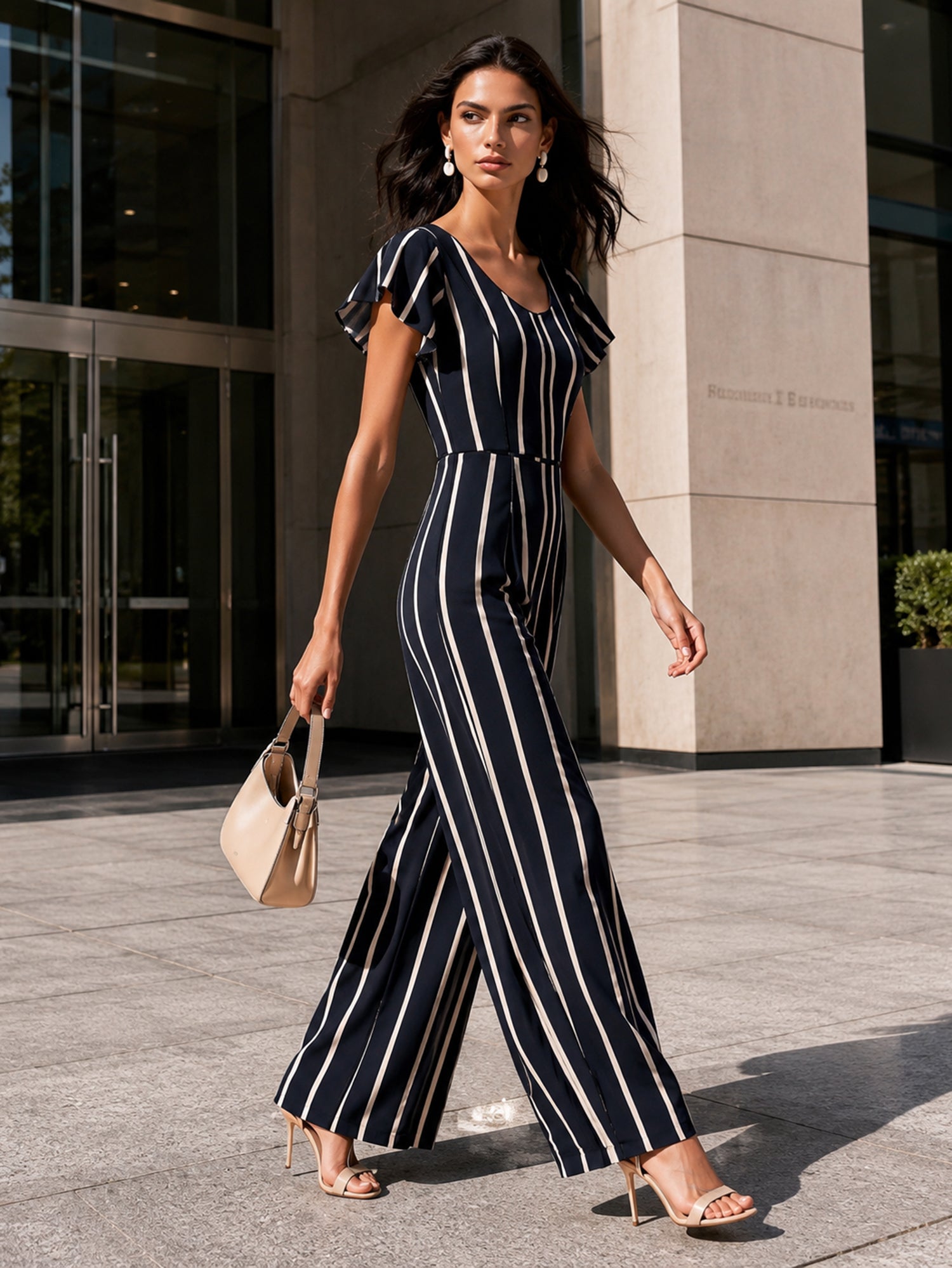 Stretchy smocked design-Navy Striped Wide-Leg Jumpsuit