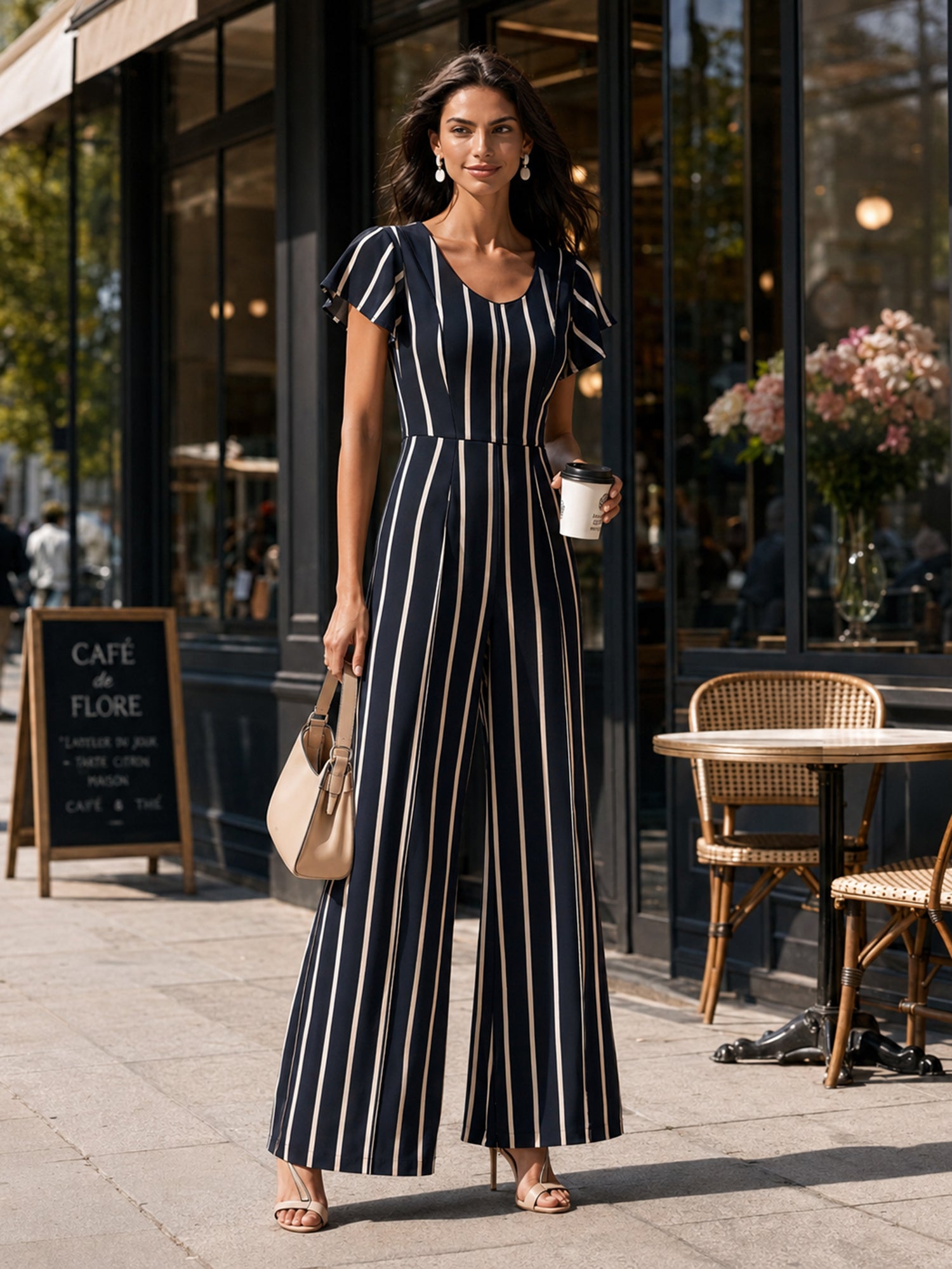Stretchy smocked design-Navy Striped Wide-Leg Jumpsuit