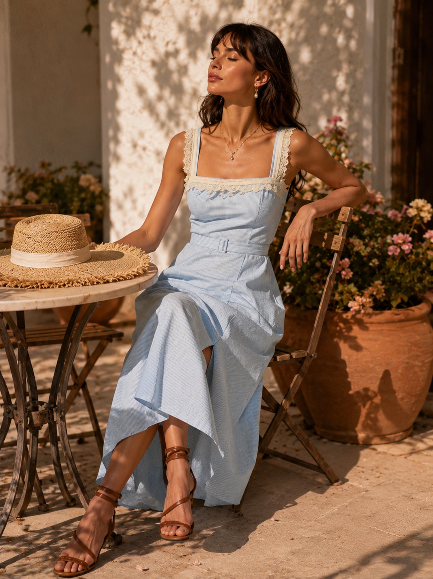 Liserie Sky Blue Lace Trim Asymmetrical Midi Dress