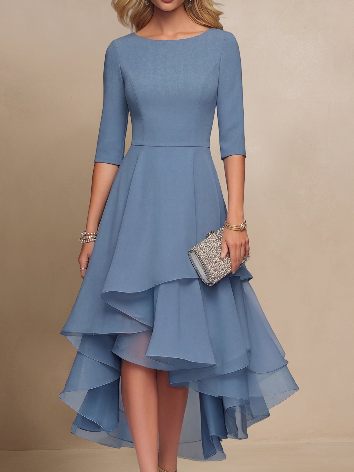 Liserie Chiffon Elegant Ruffle Midi Dress Wedding Guest Dresses