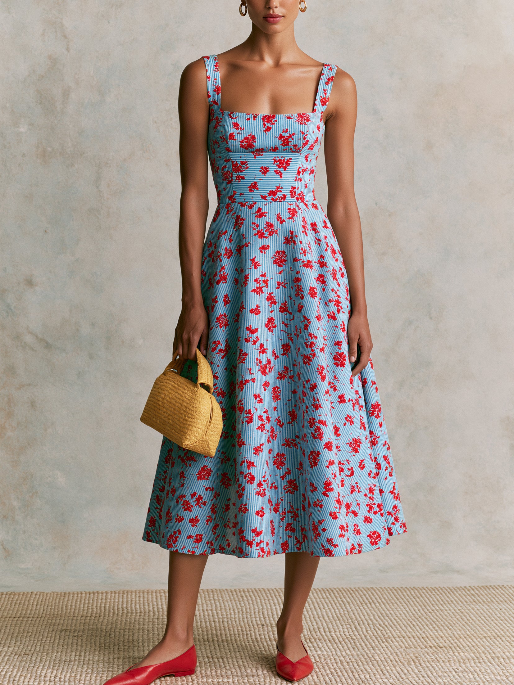 Liserie Sky Blue Square Neck Floral Stripe Midi Dress