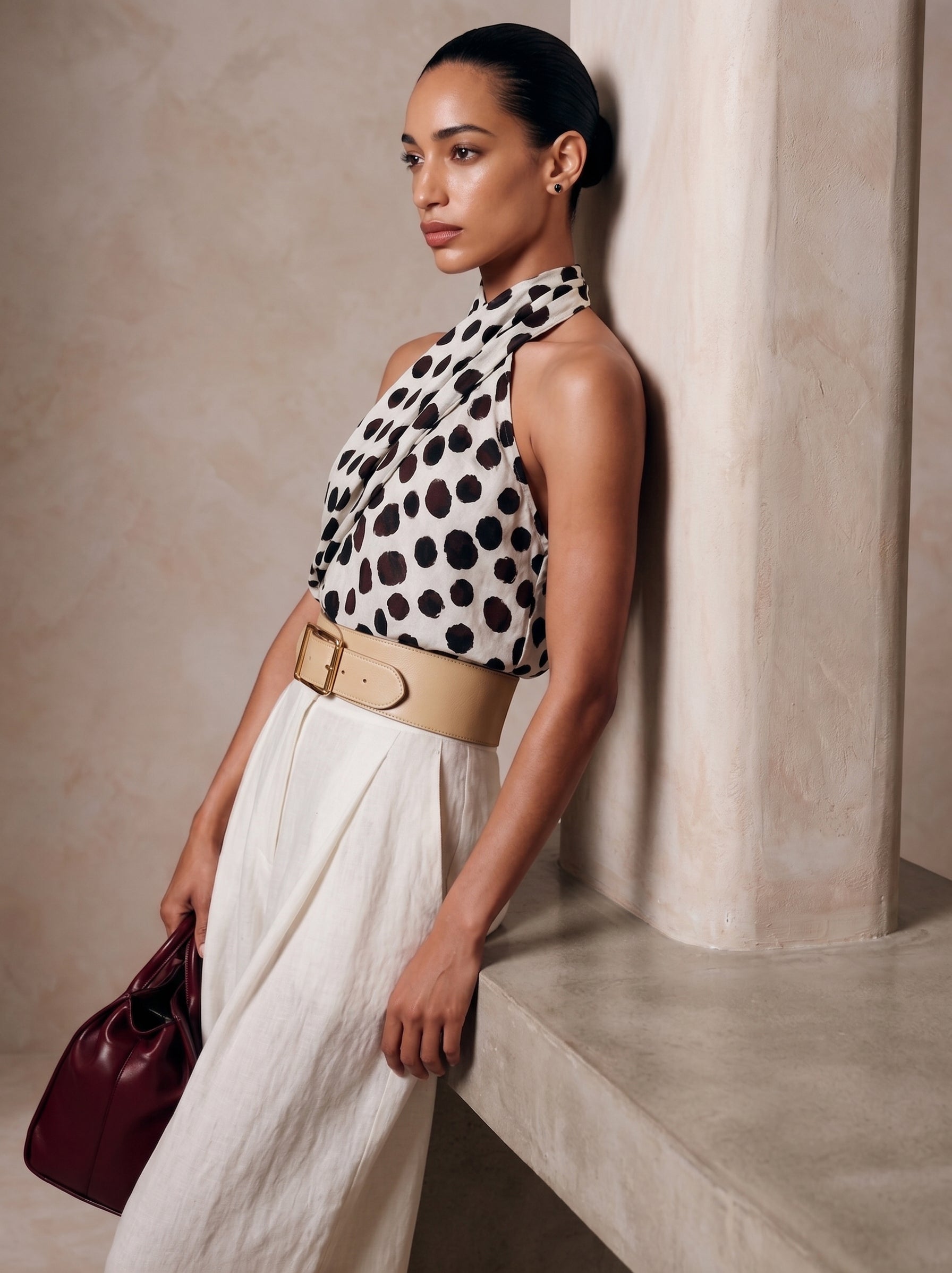 Liserie Elegant Polka Dot Halter Top & Linen Wide-Leg Pants Set
