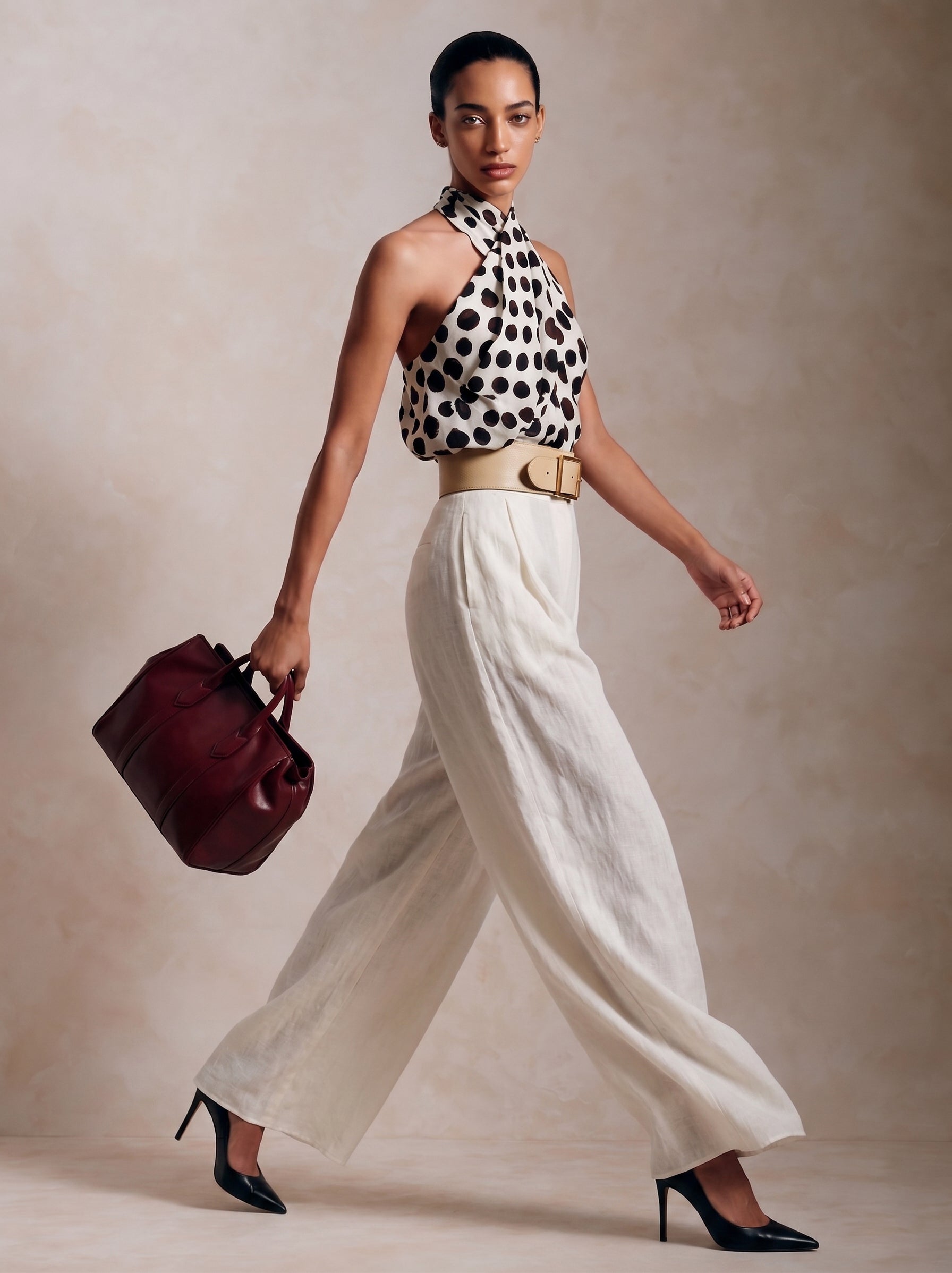 Liserie Elegant Polka Dot Halter Top & Linen Wide-Leg Pants Set