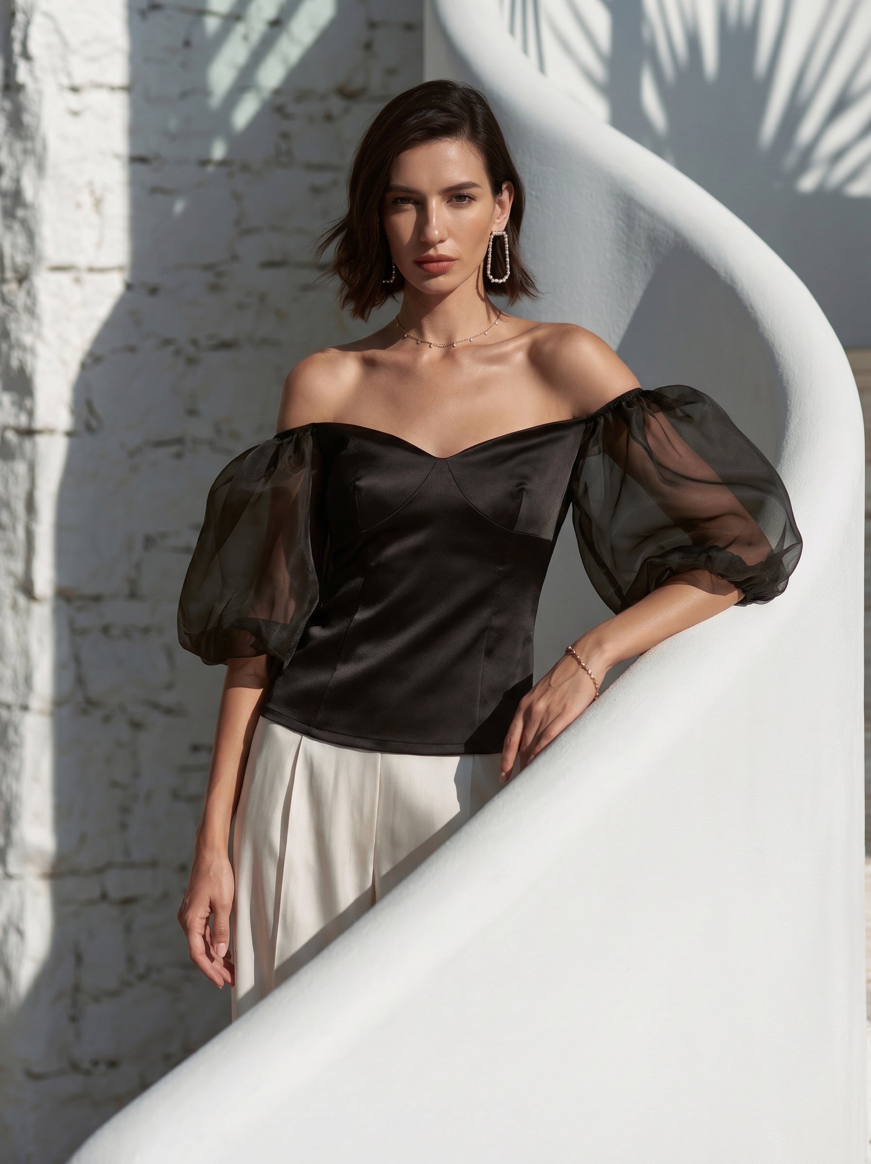 Liserie Noir Satin Organza Puff Sleeve Top