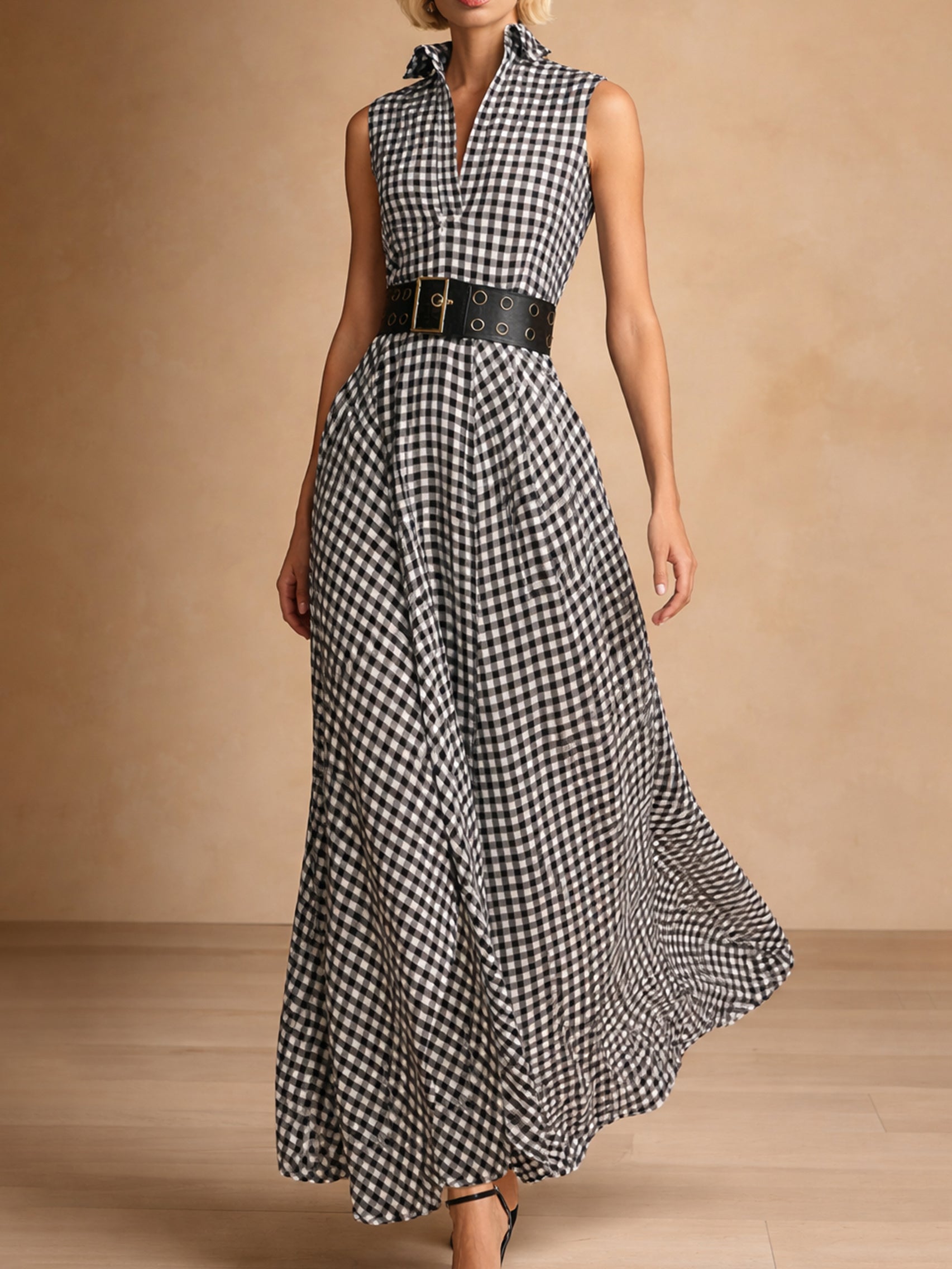 Robe longue trapèze à carreaux vichy ceinturée Liserie