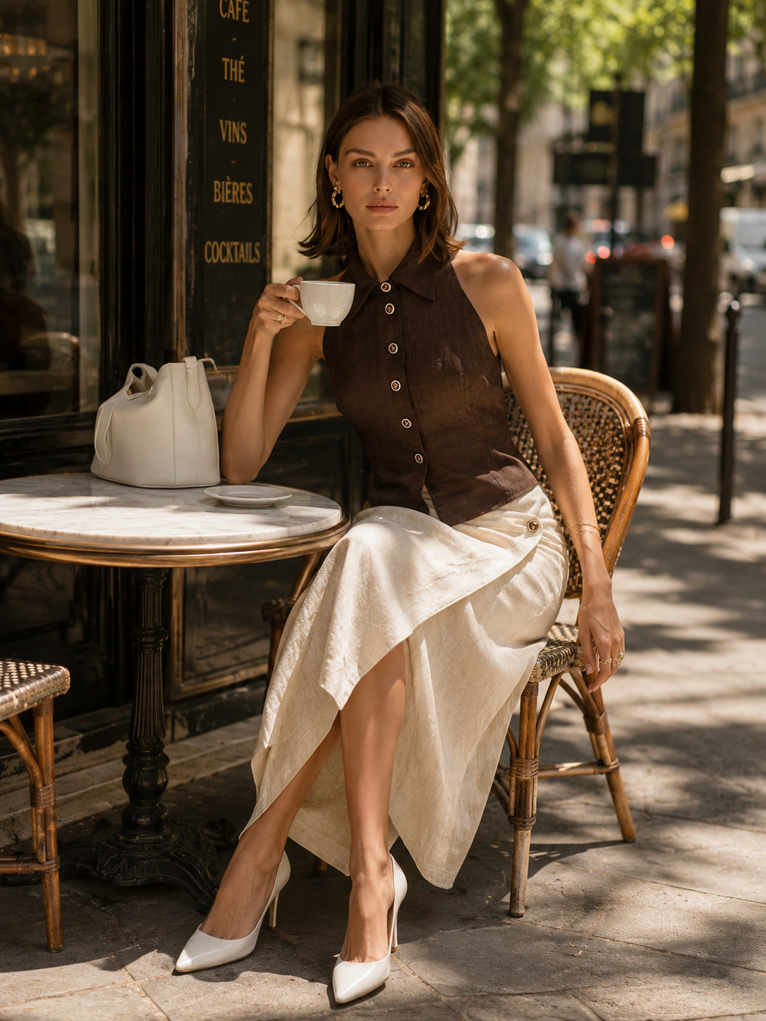 Brown Linen Halter-neck Sleeveless Top Set