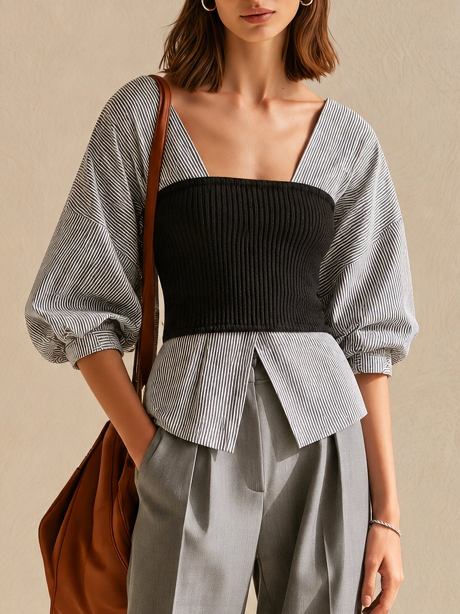 Striped Knit Tube Top Shirt With A Faux-layered Design