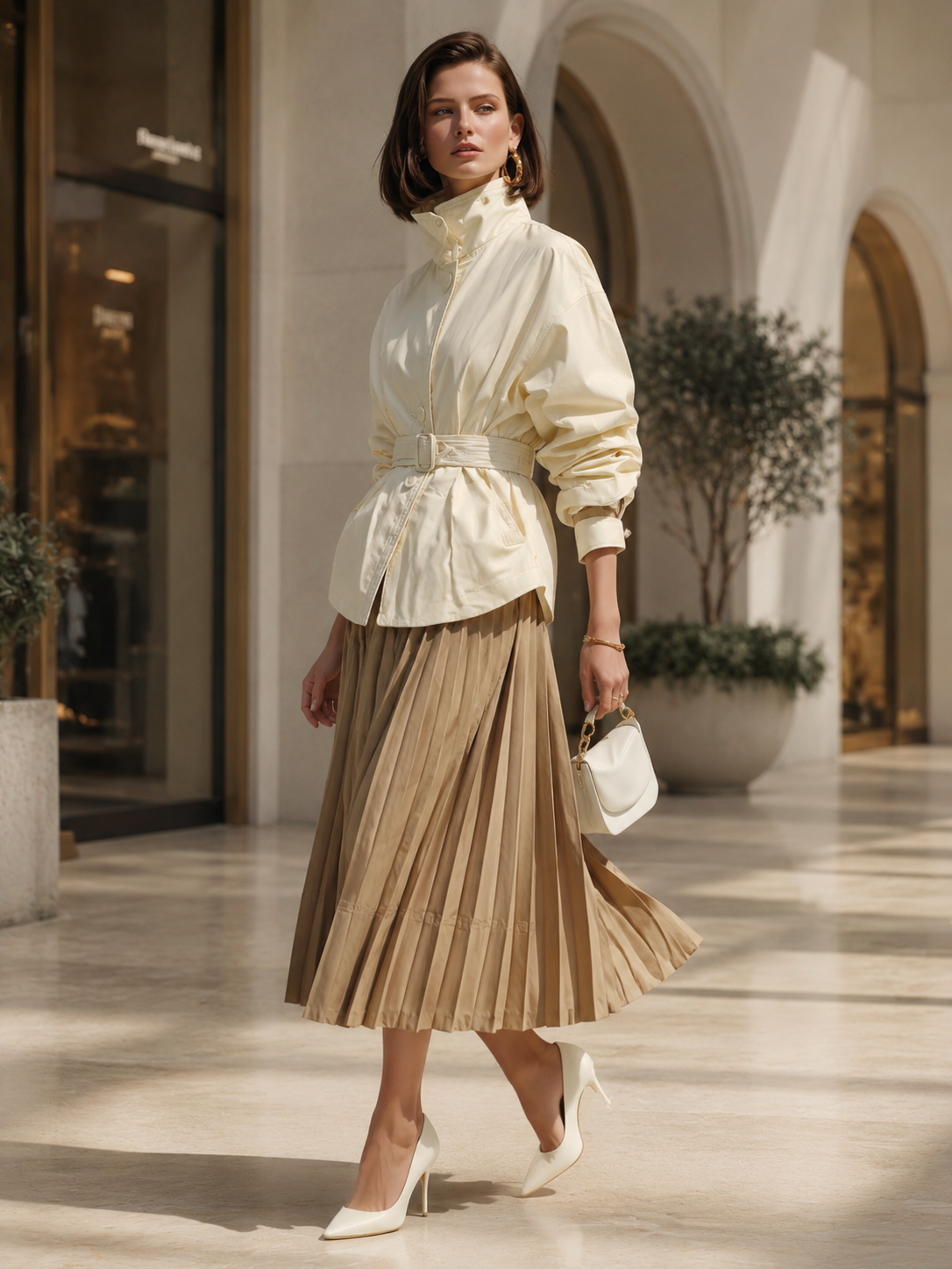 Off-white Short Trench Coat And Pleated Skirt Set