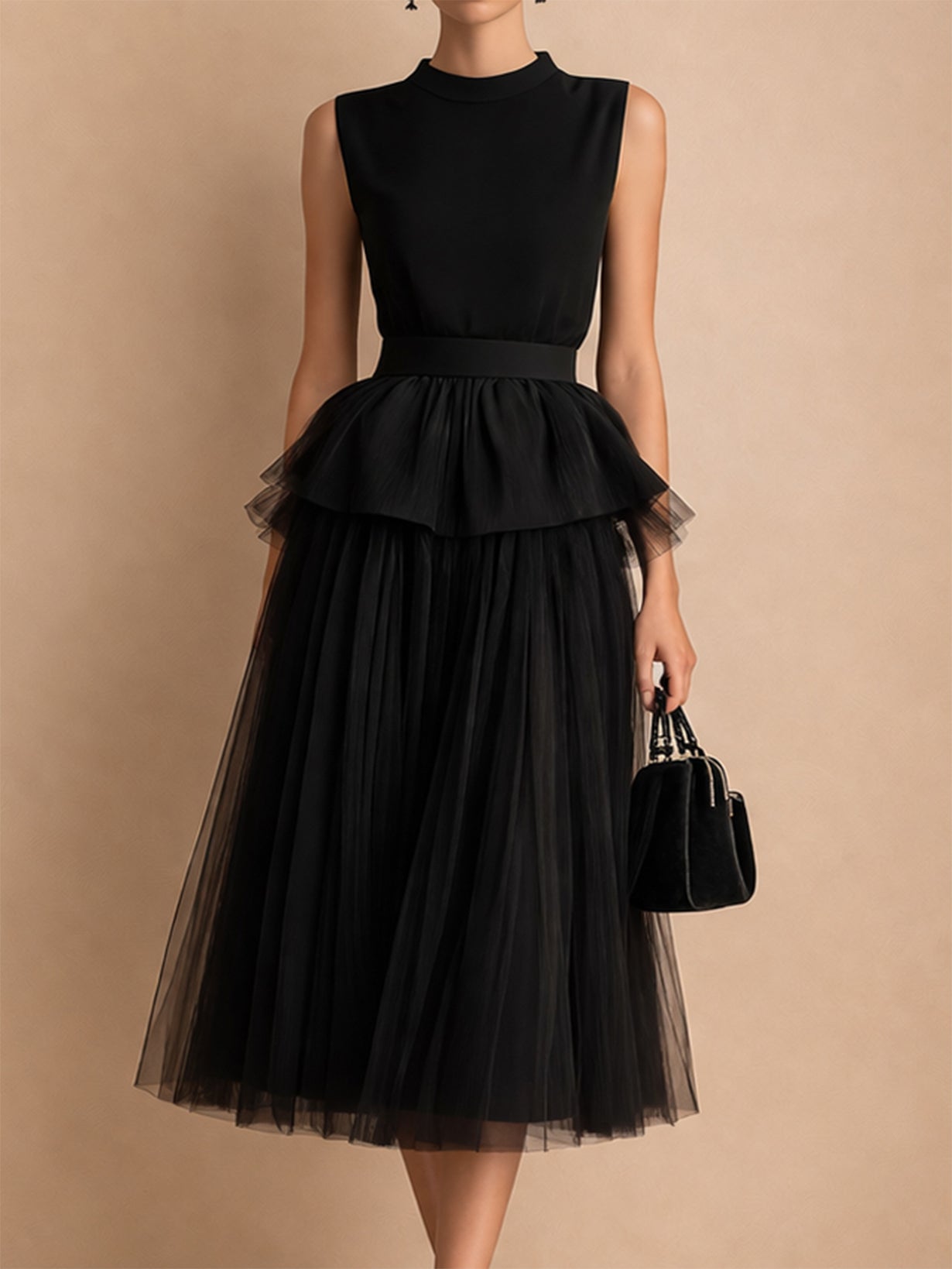 Liserie Black Peplum Top & Tulle Midi Skirt Set